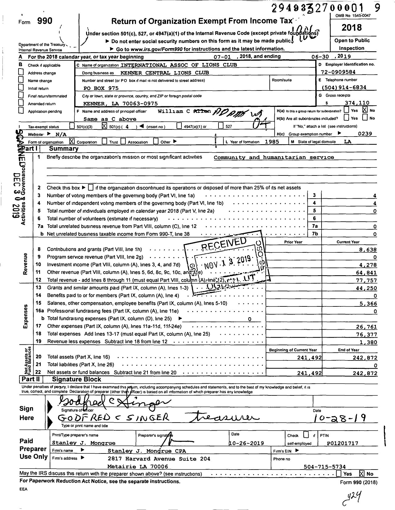 Image of first page of 2018 Form 990O for Lions Clubs - 36042 Kenner Central