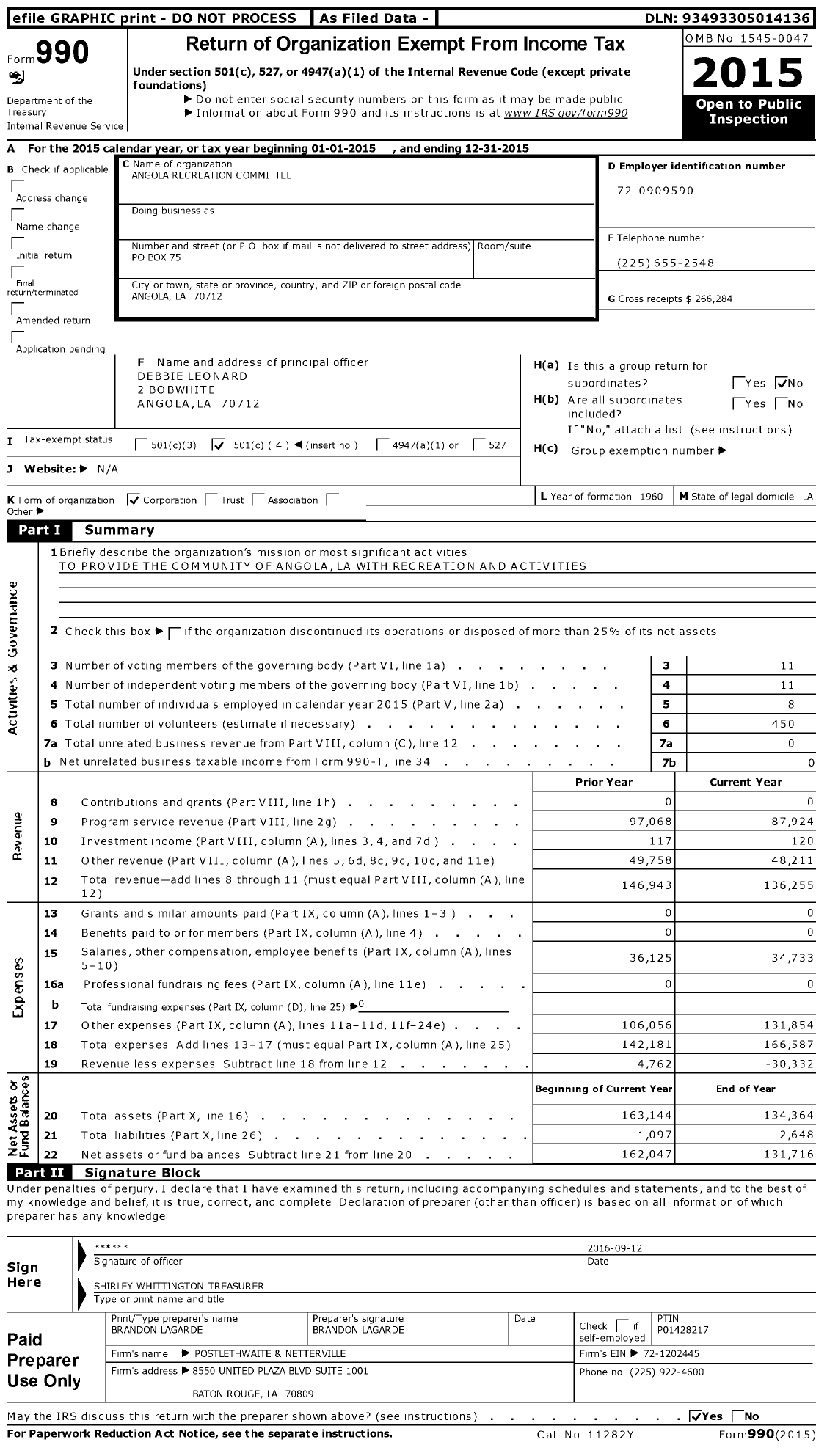 Image of first page of 2015 Form 990O for Angola Recreation Committee