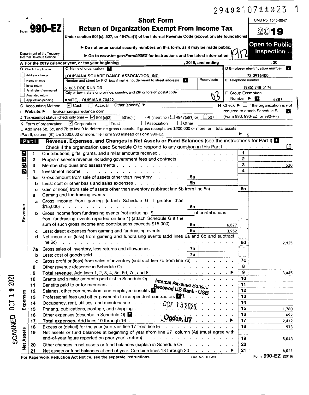 Image of first page of 2019 Form 990EZ for United Square Dancers of America