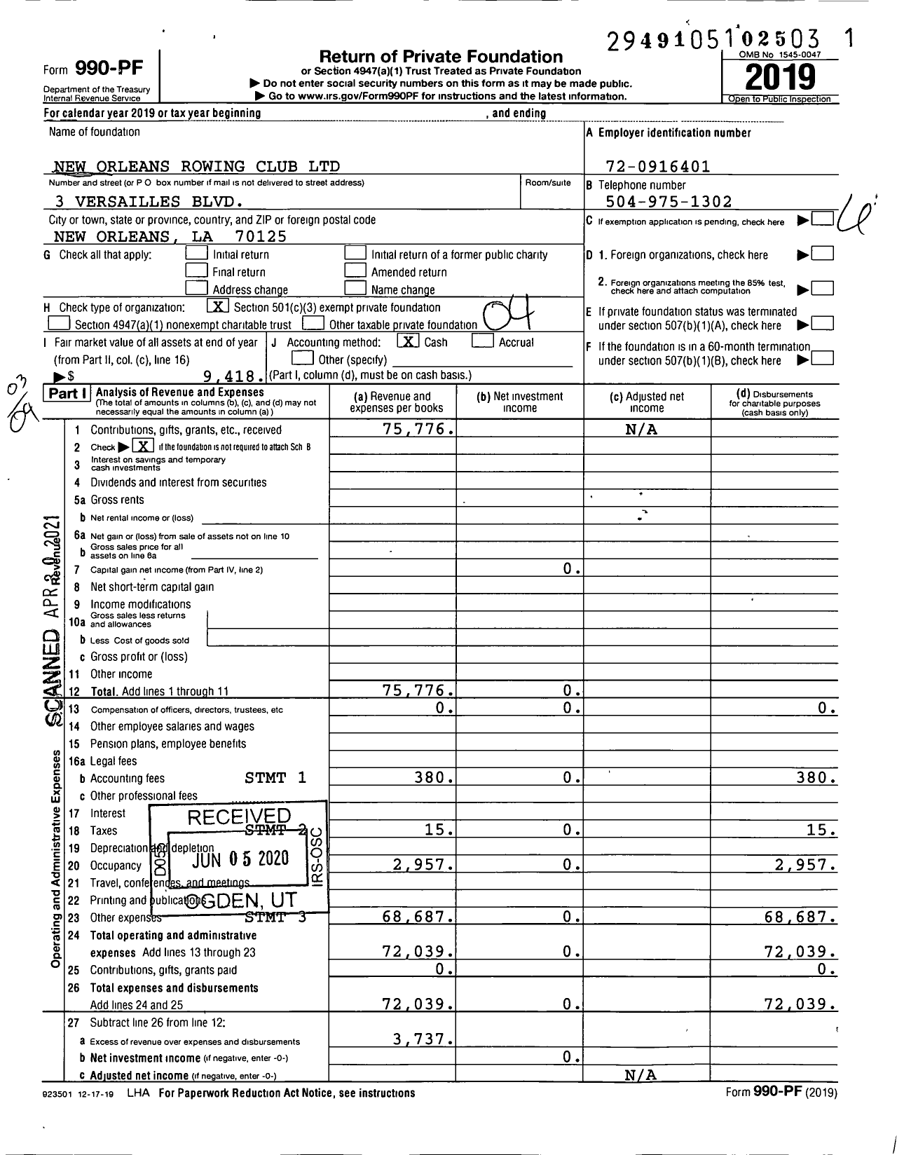 Image of first page of 2019 Form 990PF for New Orleans Rowing Club