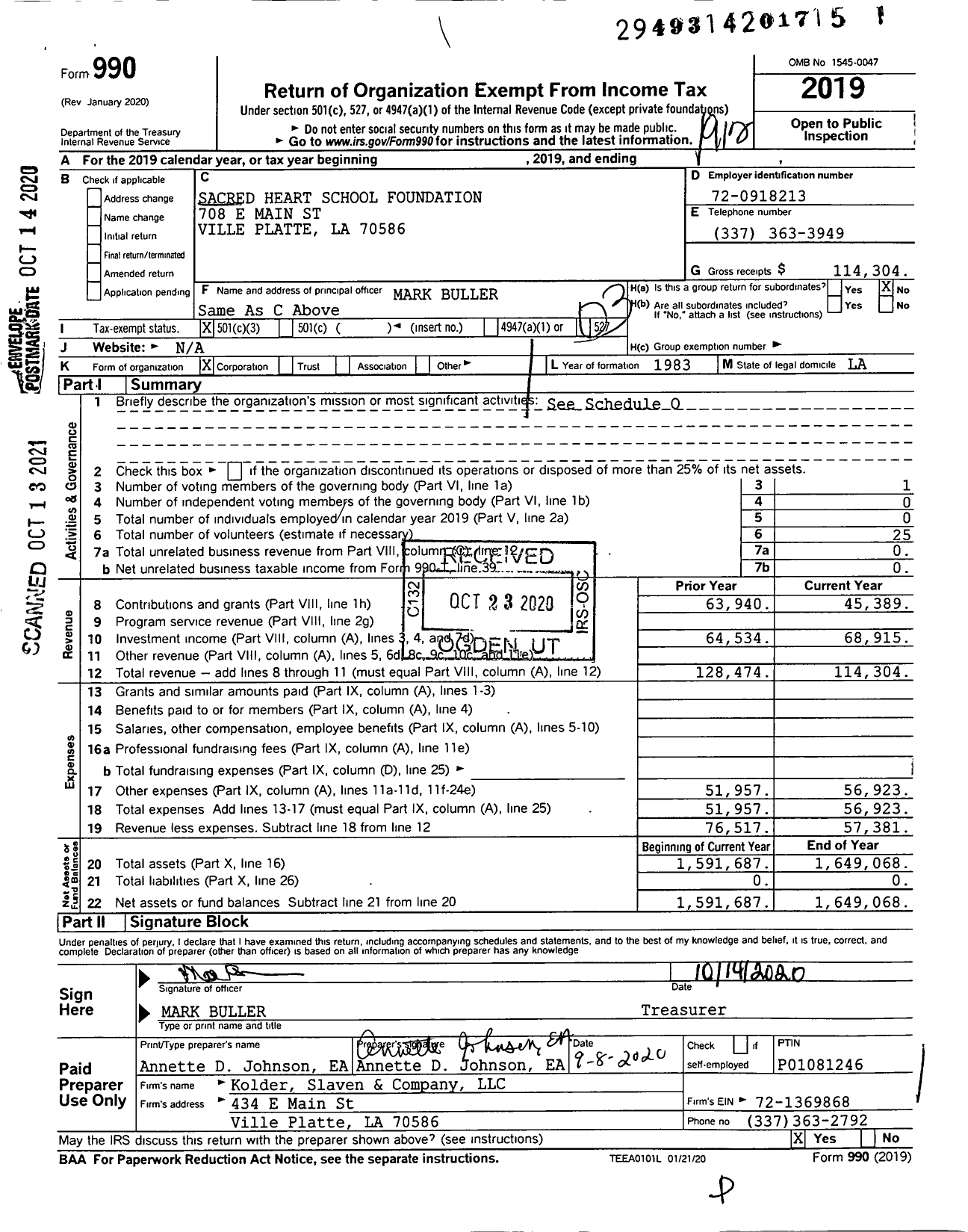 Image of first page of 2019 Form 990 for Sacred Heart School Foundation