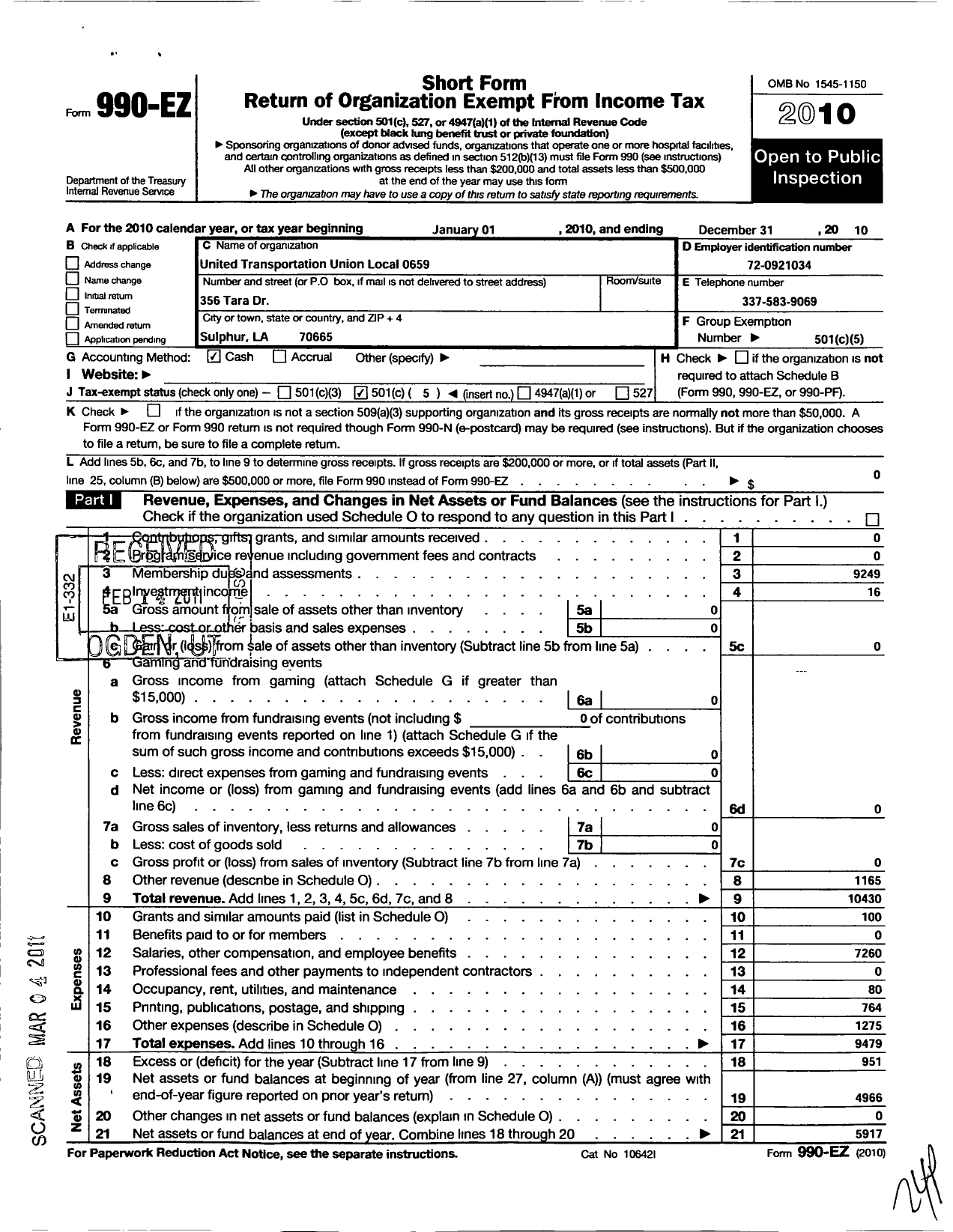 Image of first page of 2010 Form 990EO for Smart Union - 659 TD