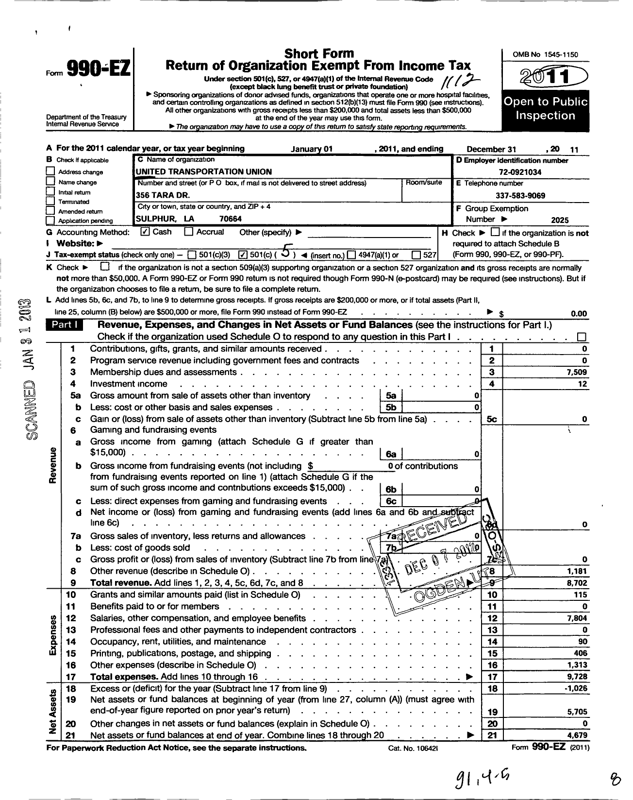 Image of first page of 2011 Form 990EO for Smart Union - 659 TD