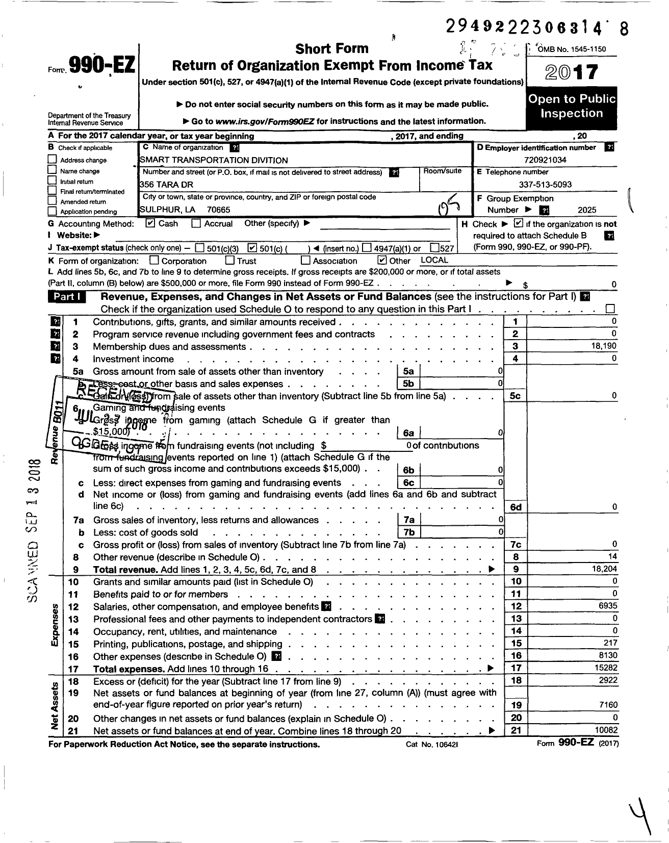 Image of first page of 2017 Form 990EO for Smart Union - 659 TD