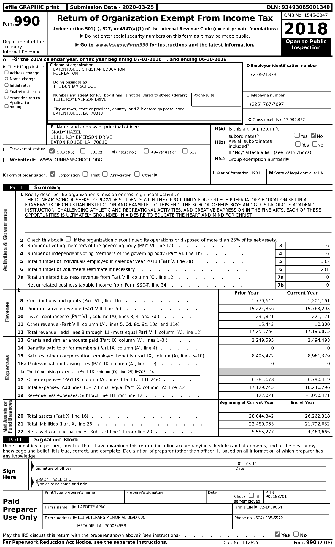 Image of first page of 2018 Form 990 for The Dunham School