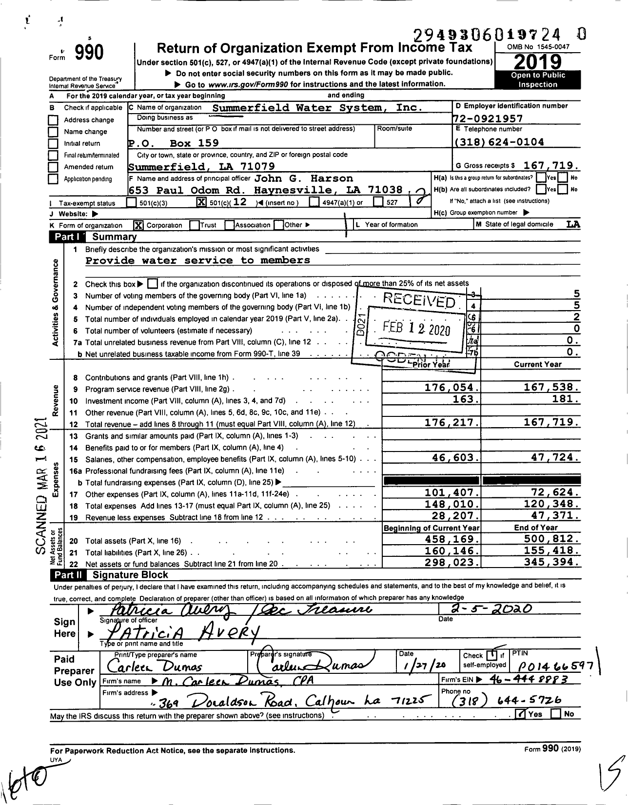 Image of first page of 2019 Form 990O for Summerfield Water System