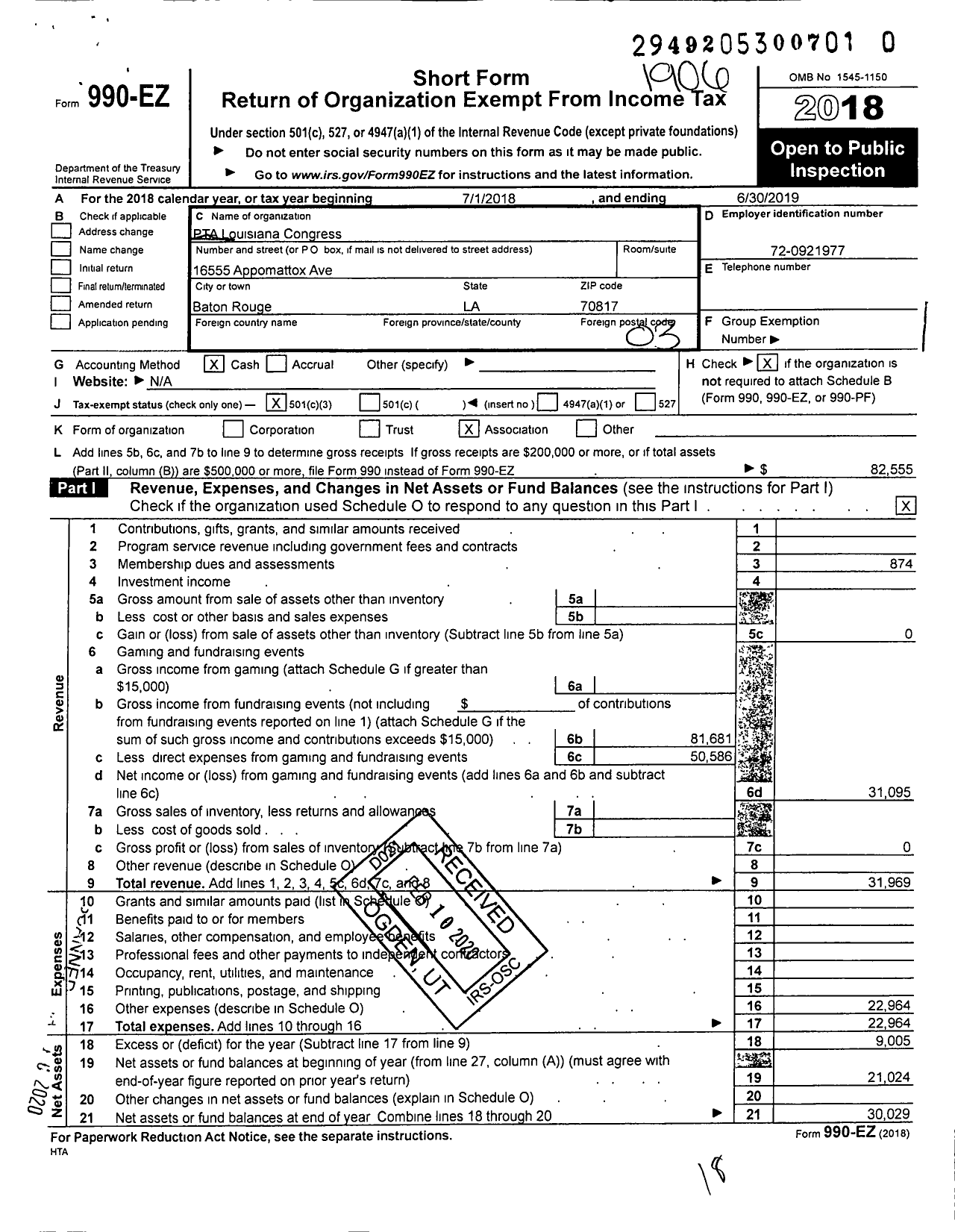 Image of first page of 2018 Form 990EZ for PTA Louisiana Congress / Shenandoah Elementary PTA