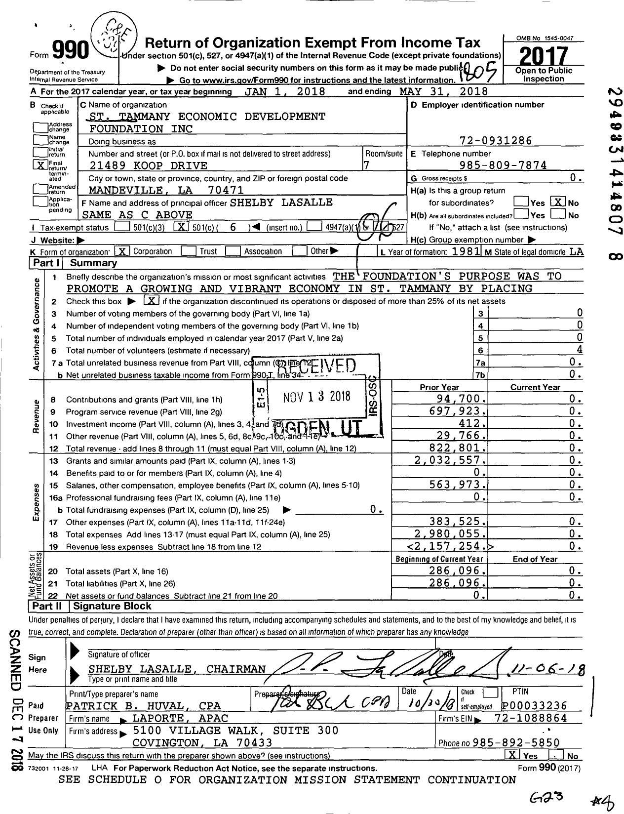 Image of first page of 2017 Form 990O for St Tammany Economic Development Foundation