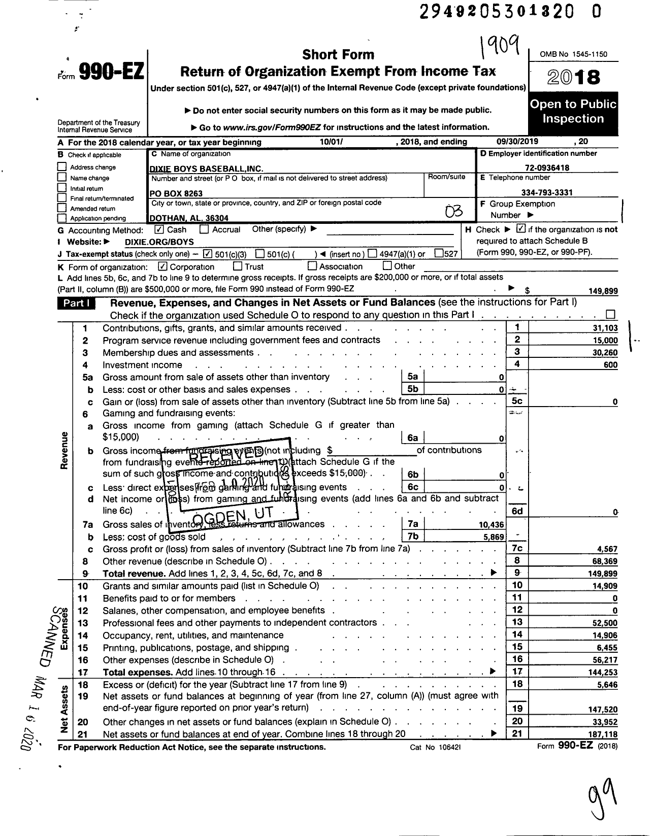 Image of first page of 2018 Form 990EZ for Dixie Boys Baseball