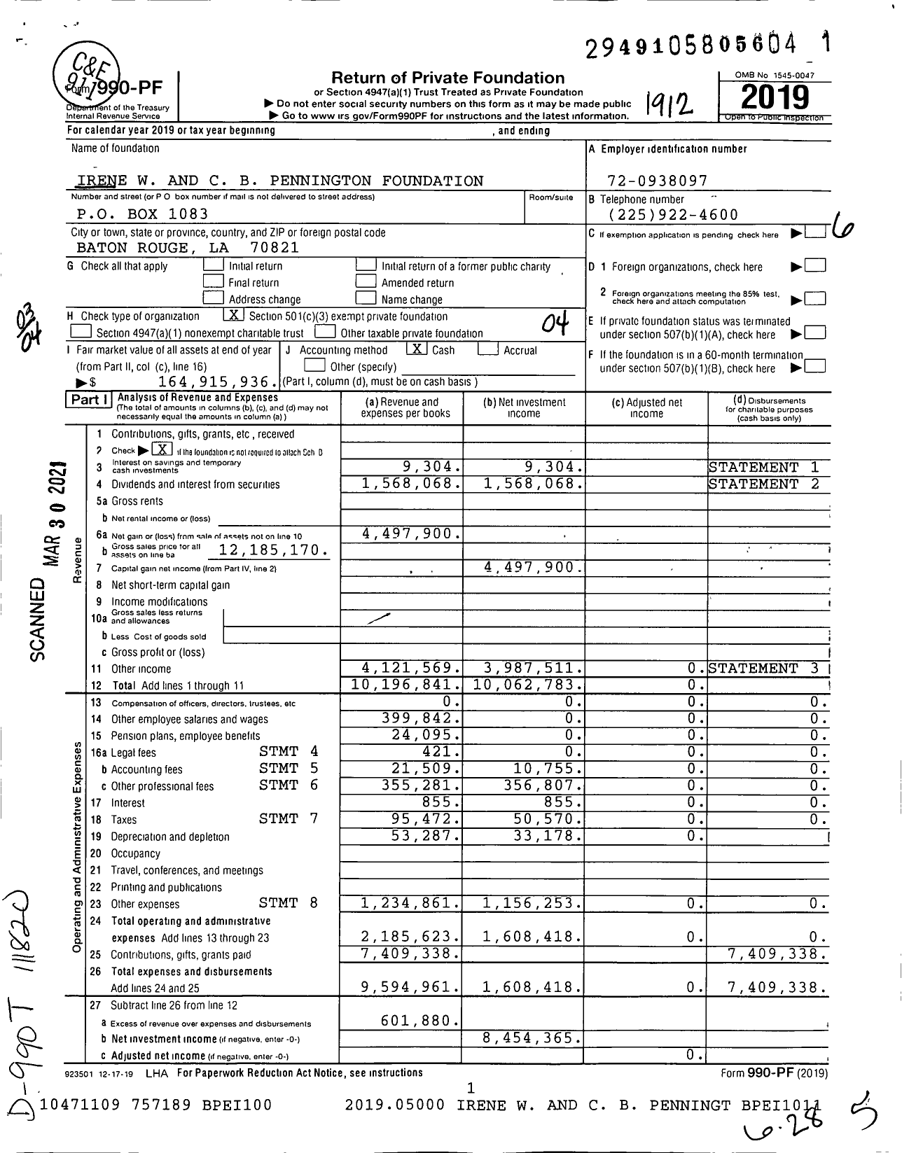 Image of first page of 2019 Form 990PF for Irene W and C B Pennington Foundation