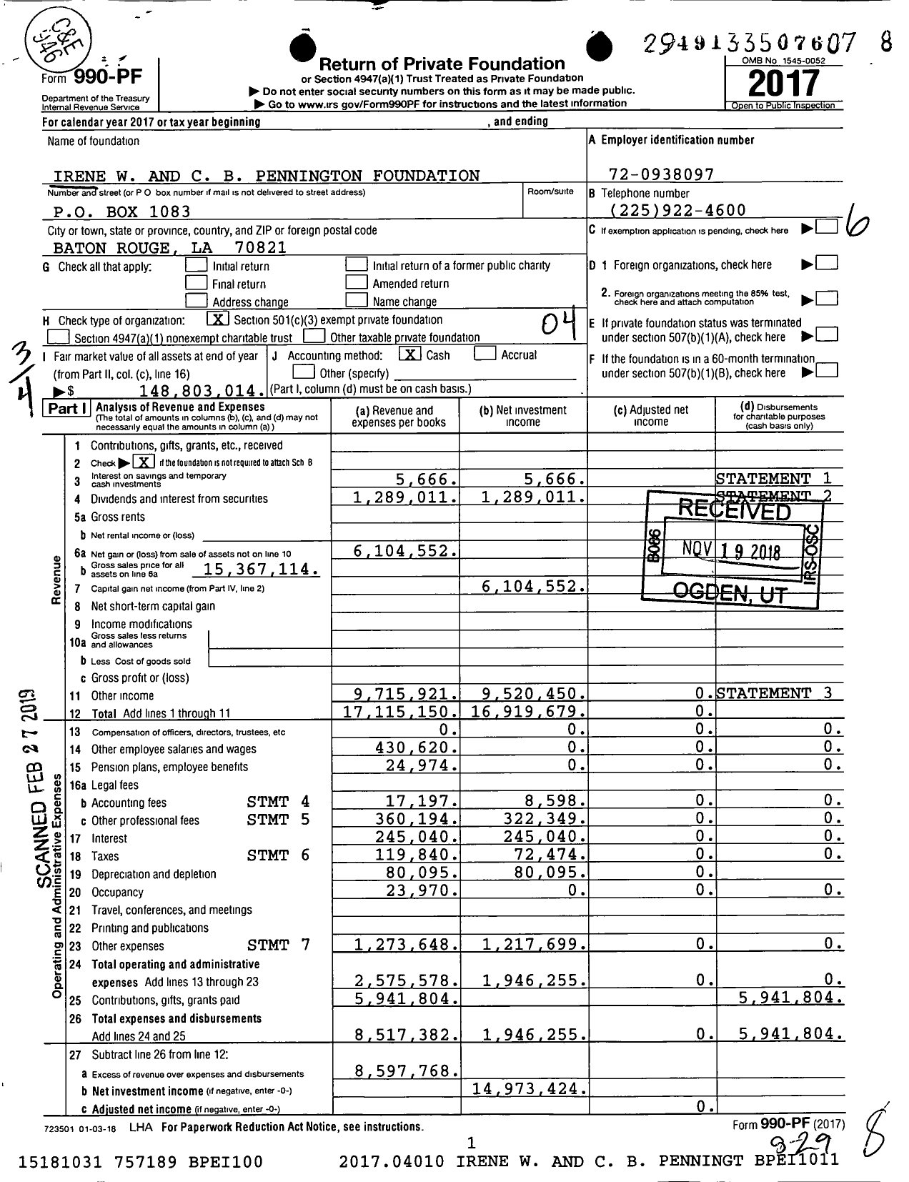 Image of first page of 2017 Form 990PF for Irene W and C B Pennington Foundation