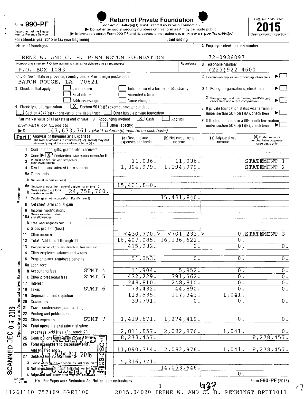 Image of first page of 2015 Form 990PF for Irene W and C B Pennington Foundation