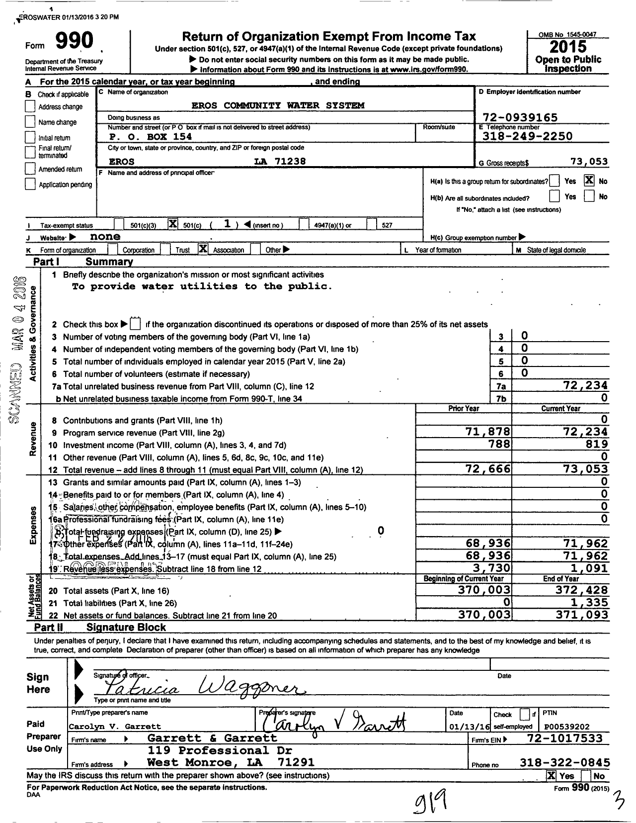 Image of first page of 2015 Form 990O for Eros Community Water System