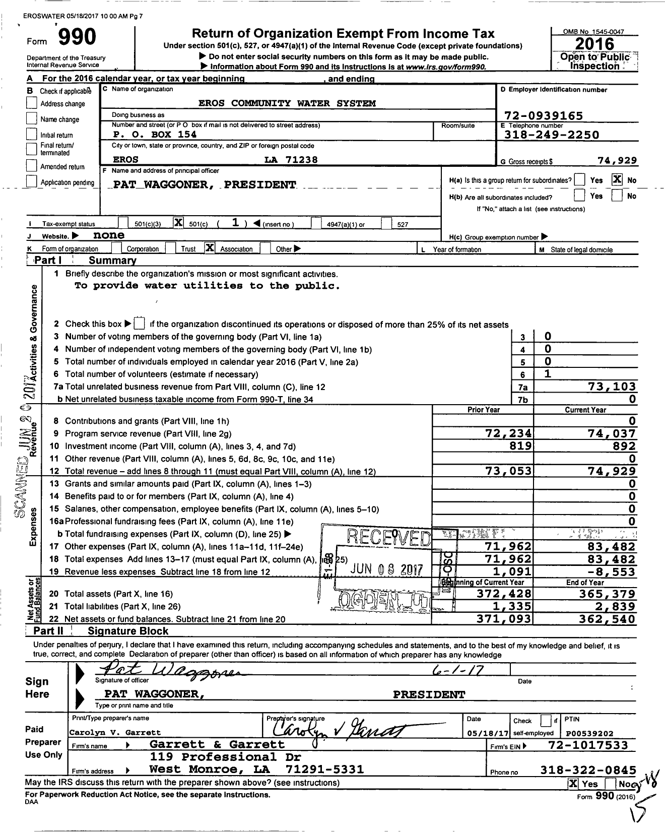 Image of first page of 2016 Form 990O for Eros Community Water System