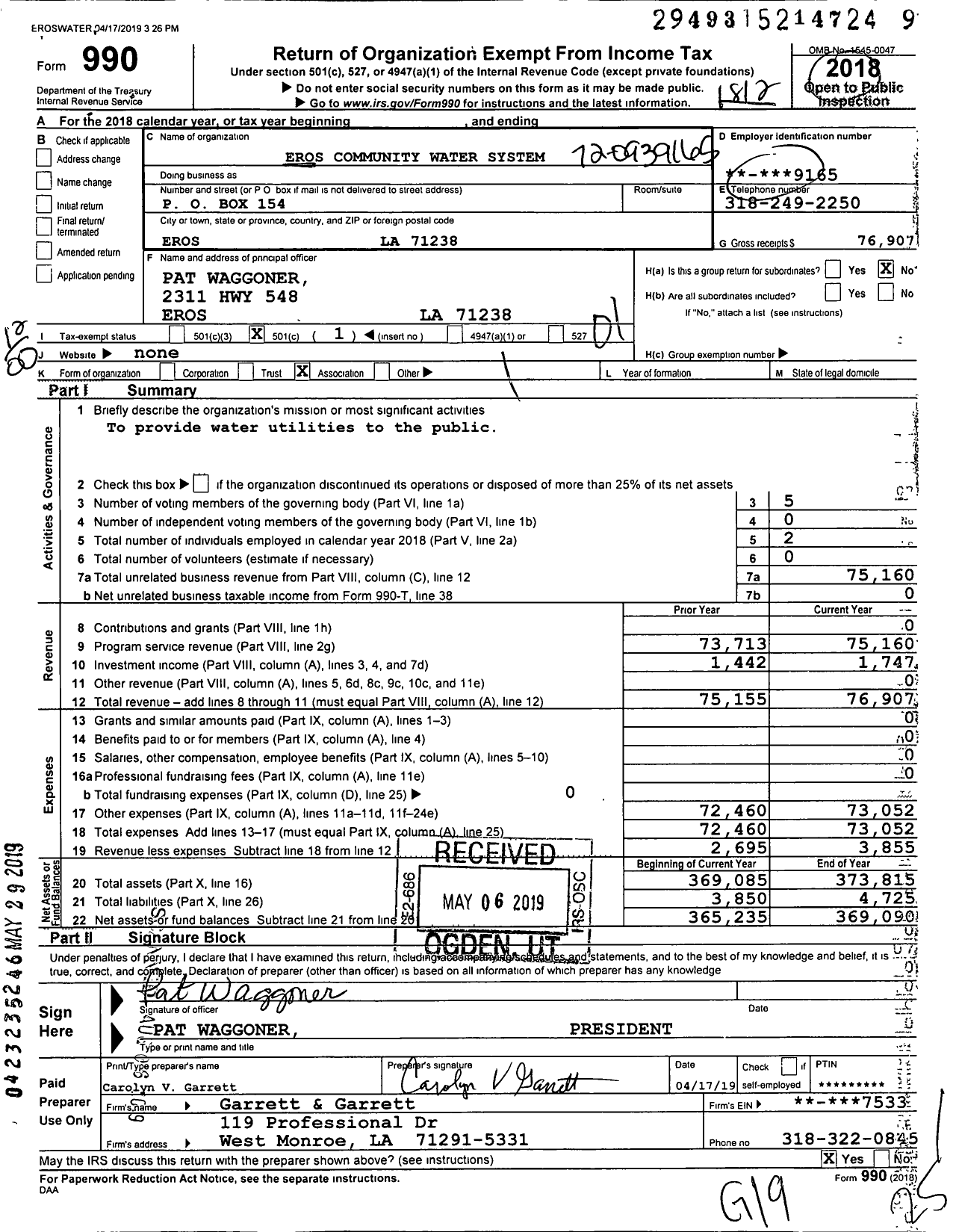 Image of first page of 2018 Form 990O for Eros Community Water System