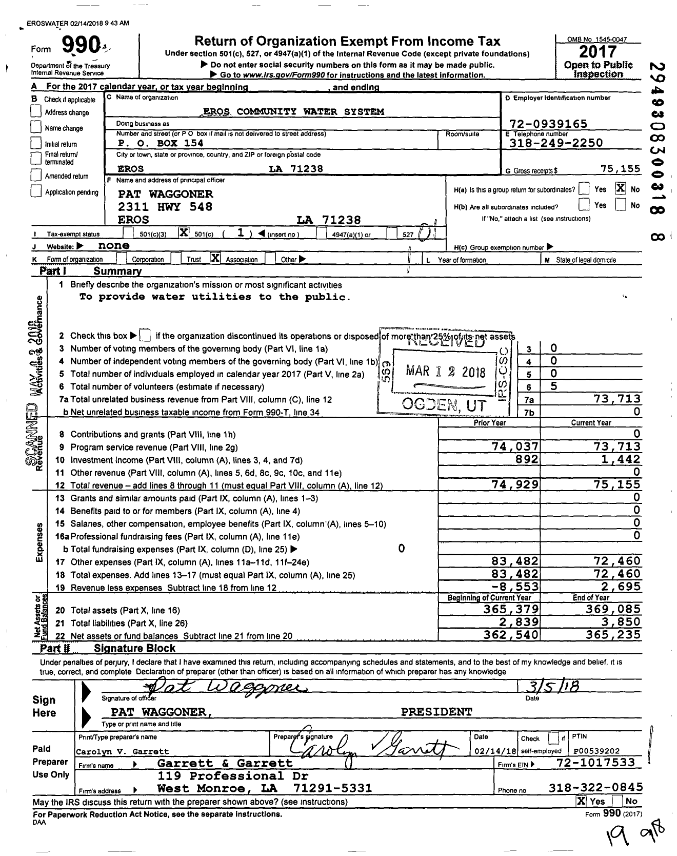 Image of first page of 2017 Form 990O for Eros Community Water System