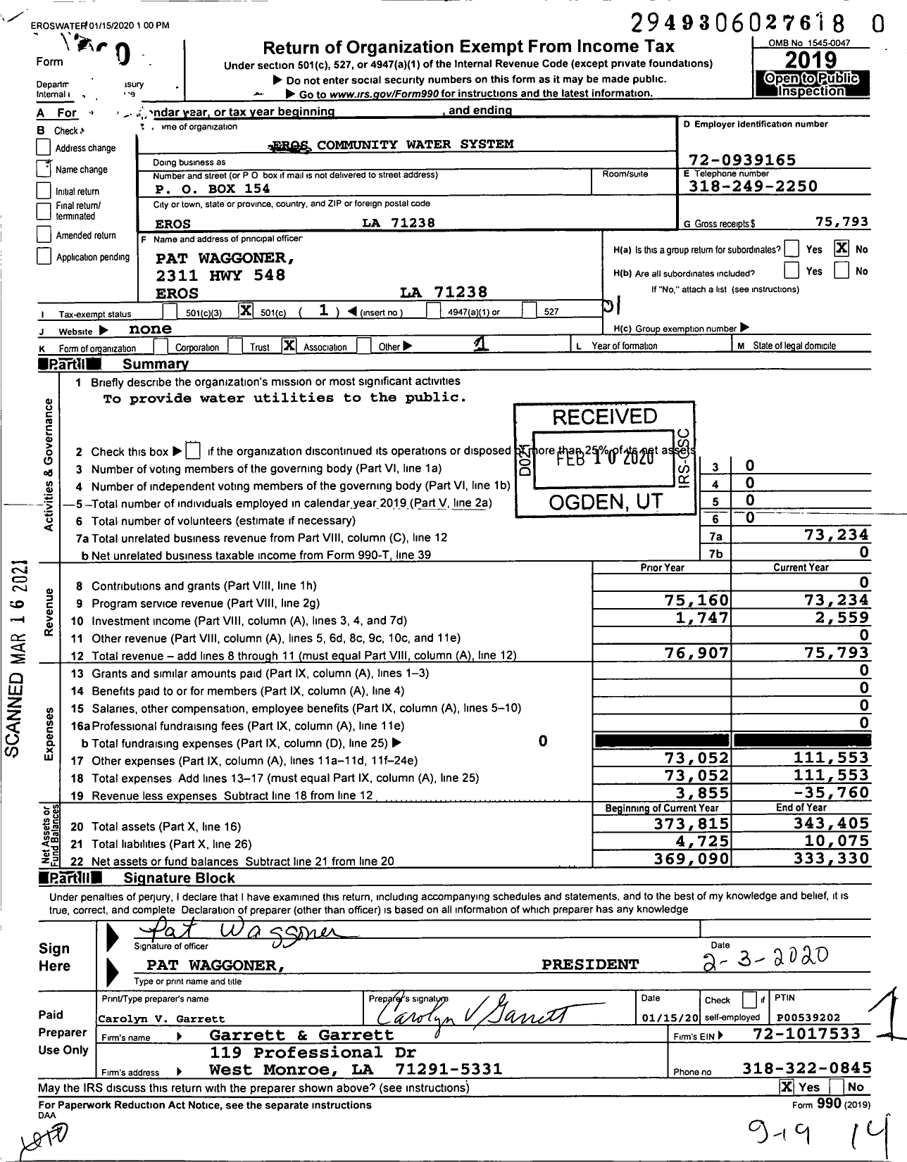 Image of first page of 2019 Form 990O for Eros Community Water System