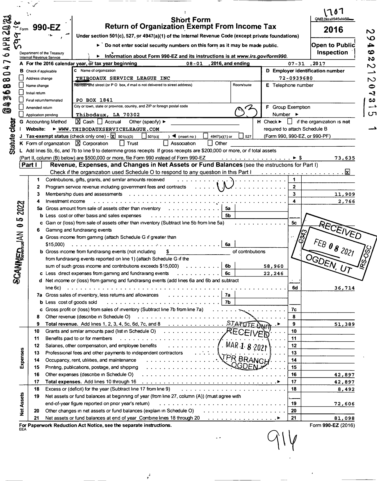 Image of first page of 2016 Form 990EZ for Thibodaux Service League