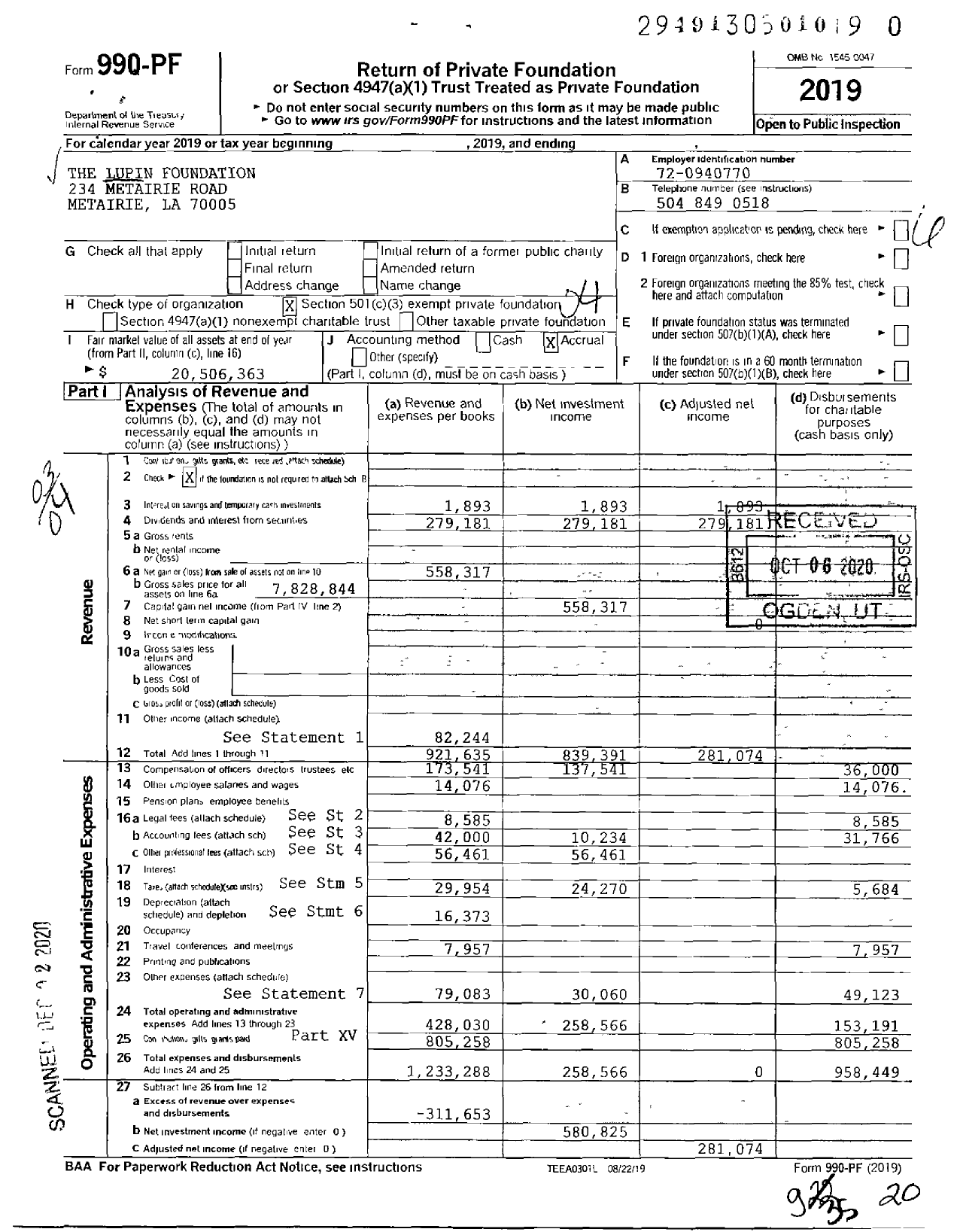 Image of first page of 2019 Form 990PF for The Lupin Foundation