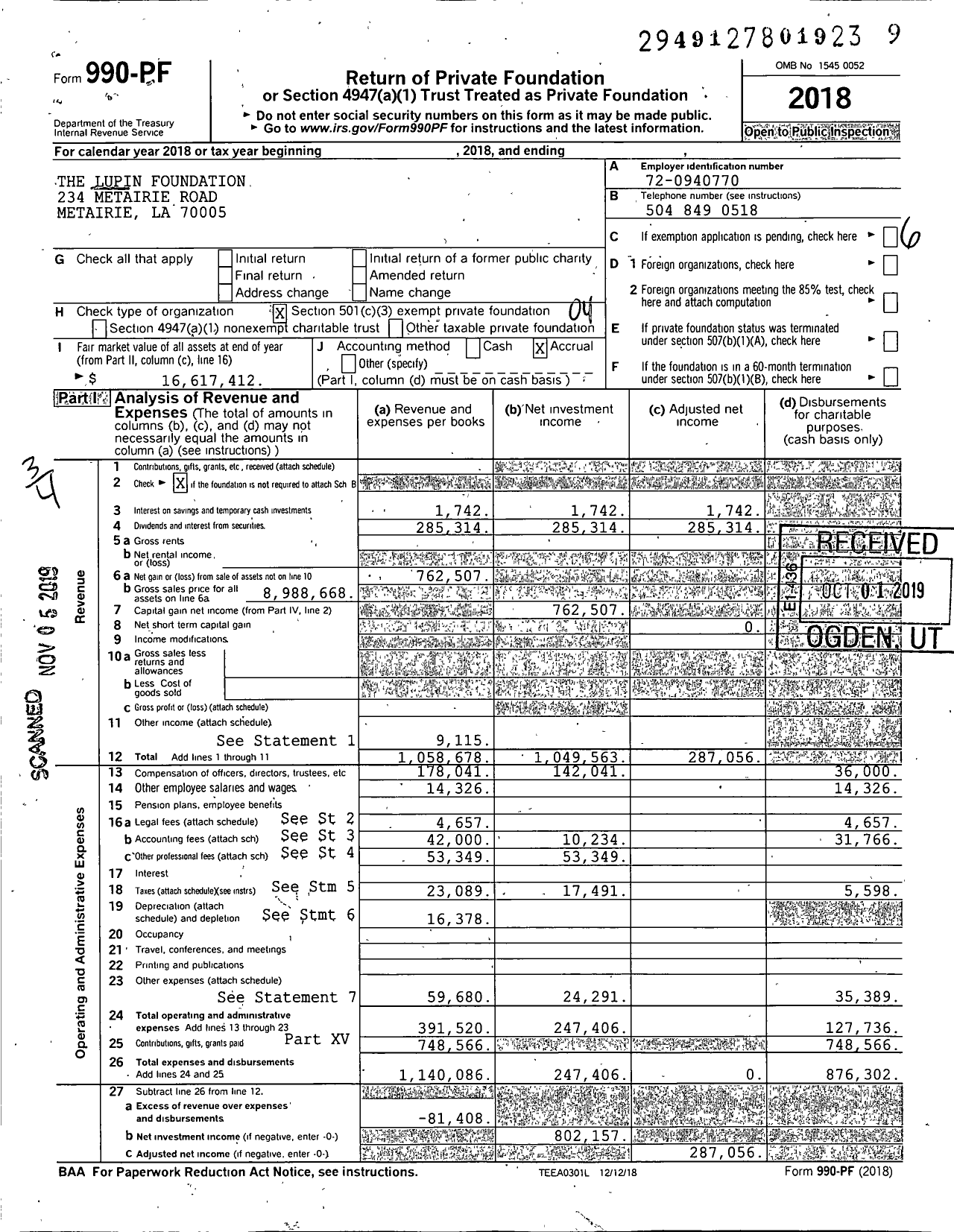 Image of first page of 2018 Form 990PF for The Lupin Foundation