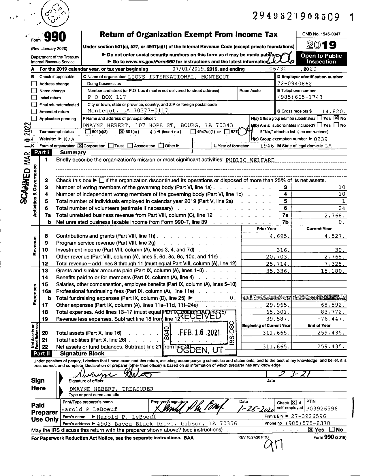 Image of first page of 2019 Form 990O for Lions Clubs - 4003 Montegut