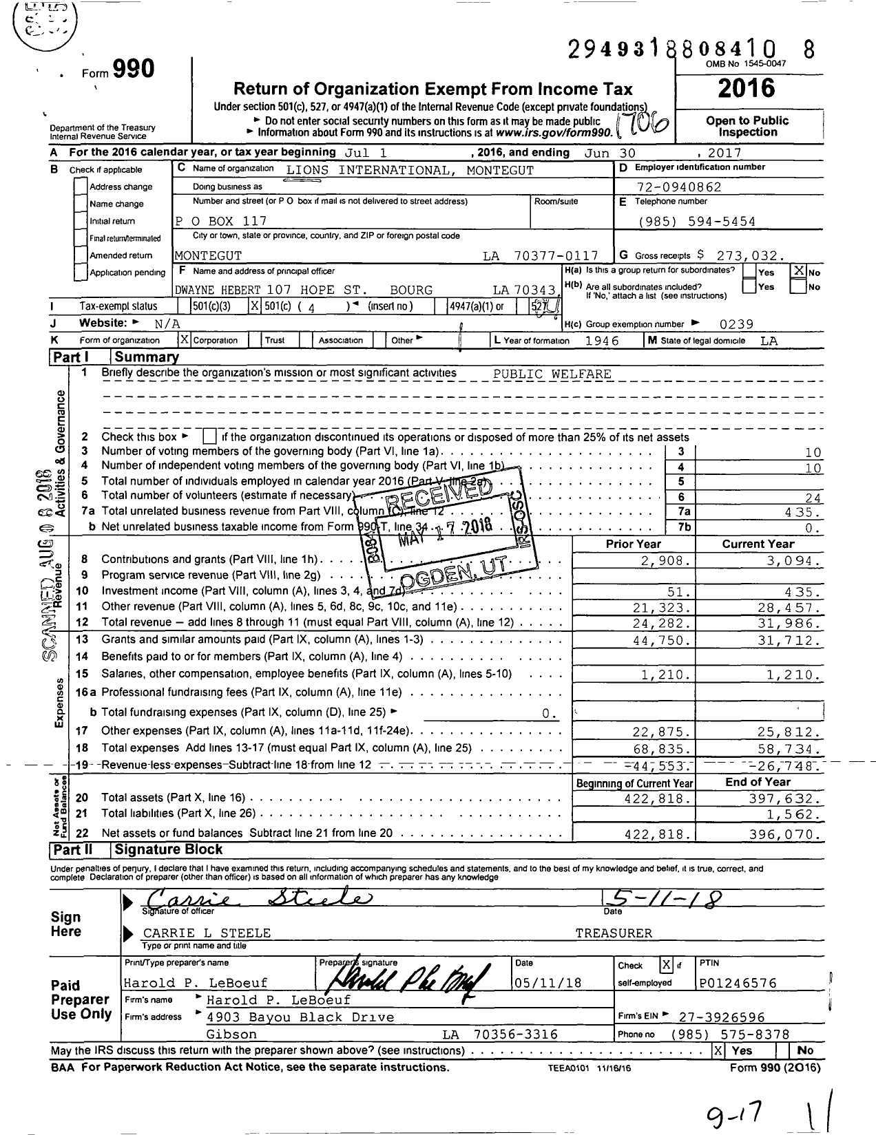 Image of first page of 2016 Form 990O for Lions Clubs - 4003 Montegut