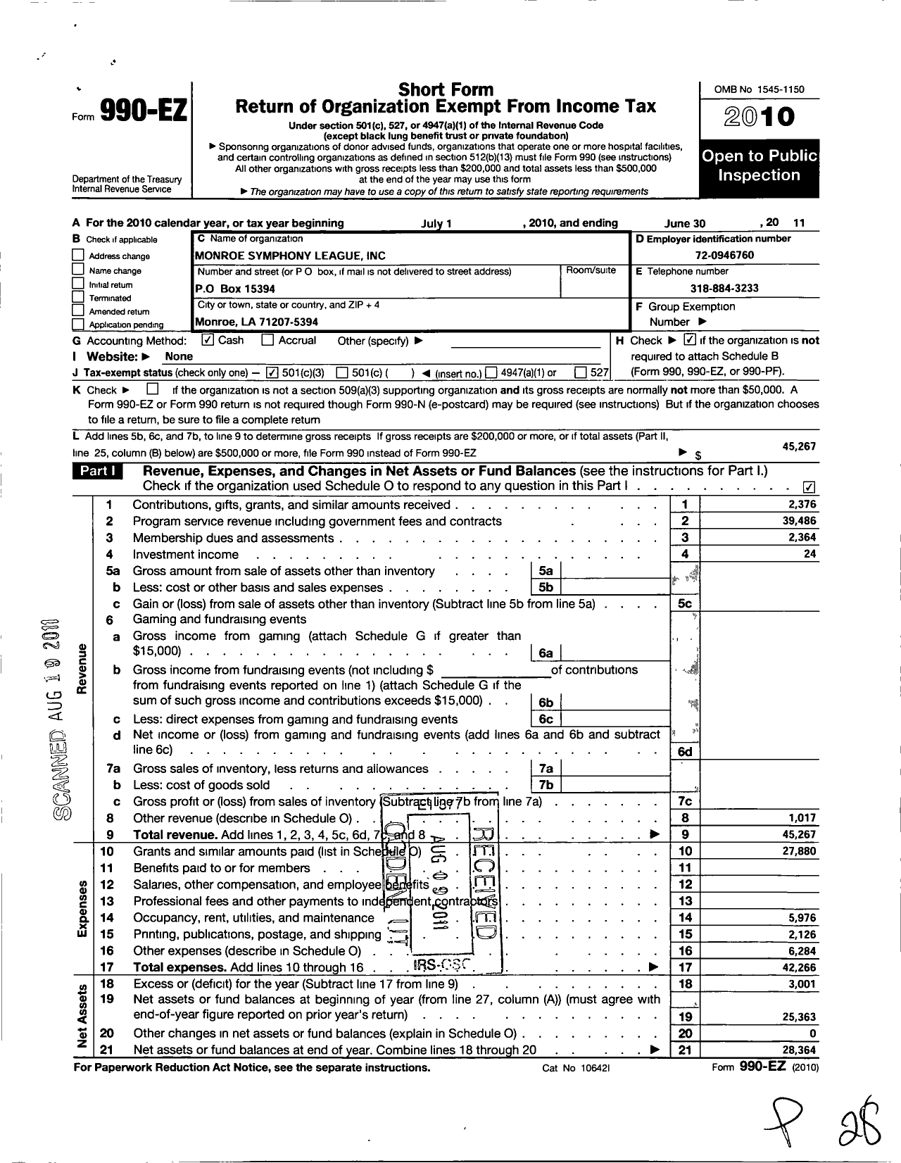 Image of first page of 2010 Form 990EZ for Monroe Symphony League