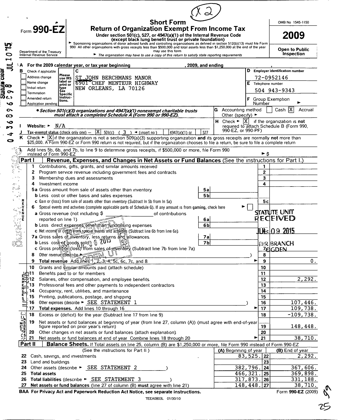 Image of first page of 2009 Form 990EZ for St John Berchmans Manor