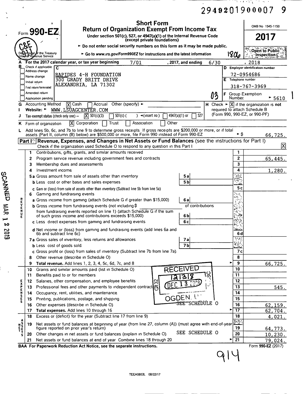 Image of first page of 2017 Form 990EZ for Rapides 4-H Foundation