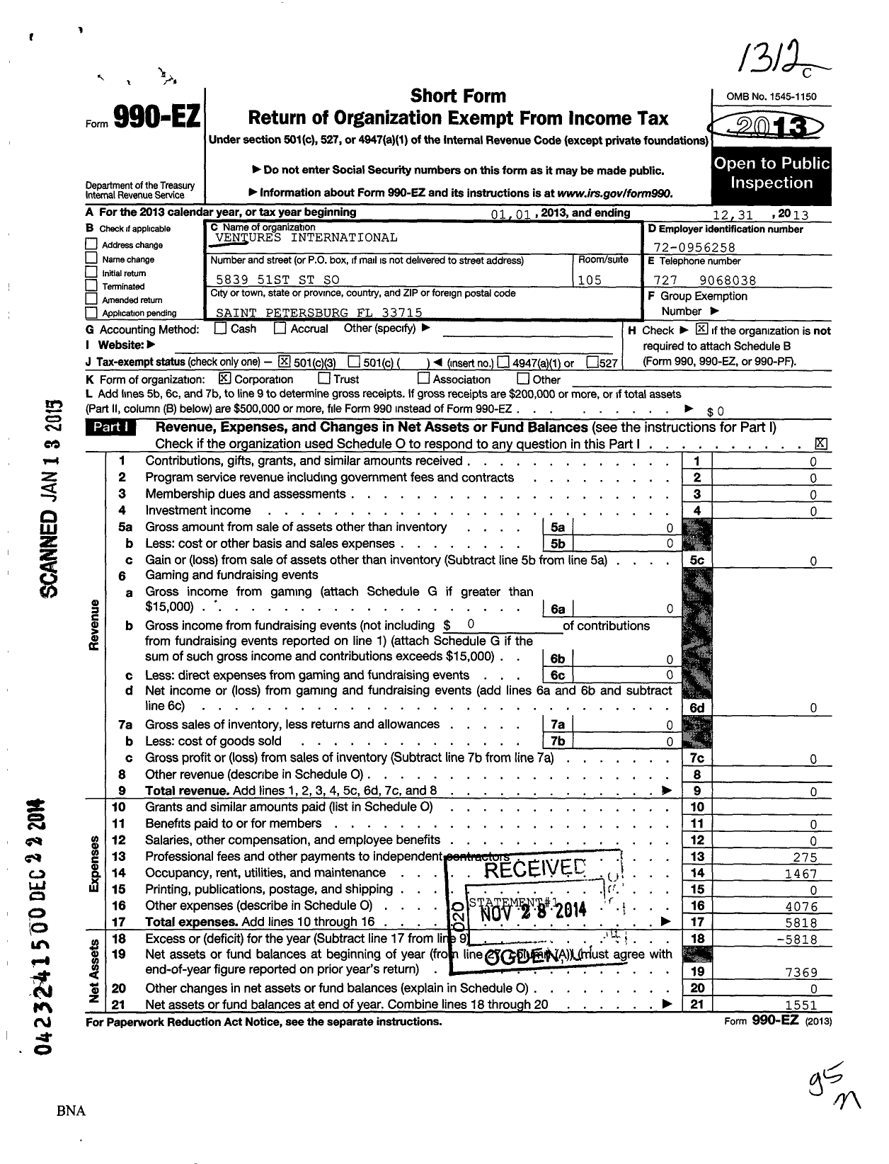 Image of first page of 2013 Form 990EZ for Ventures International Association