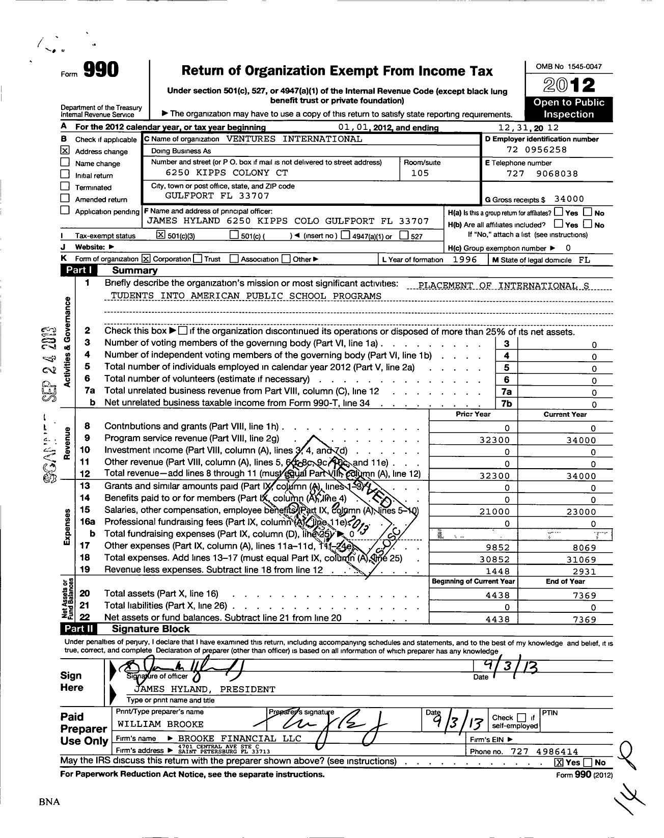 Image of first page of 2012 Form 990 for Ventures International Association