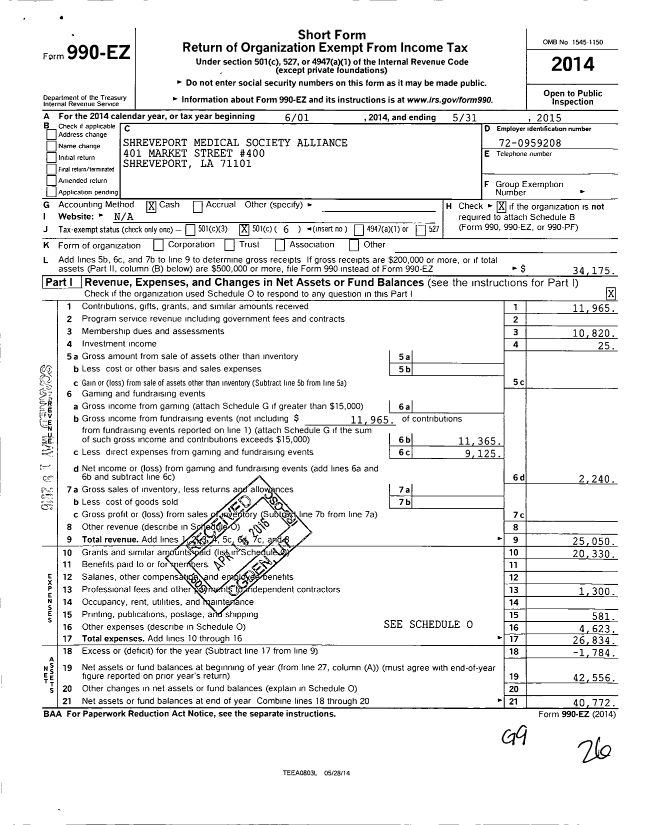 Image of first page of 2014 Form 990EO for Shreveport Medical Society Auxiliary