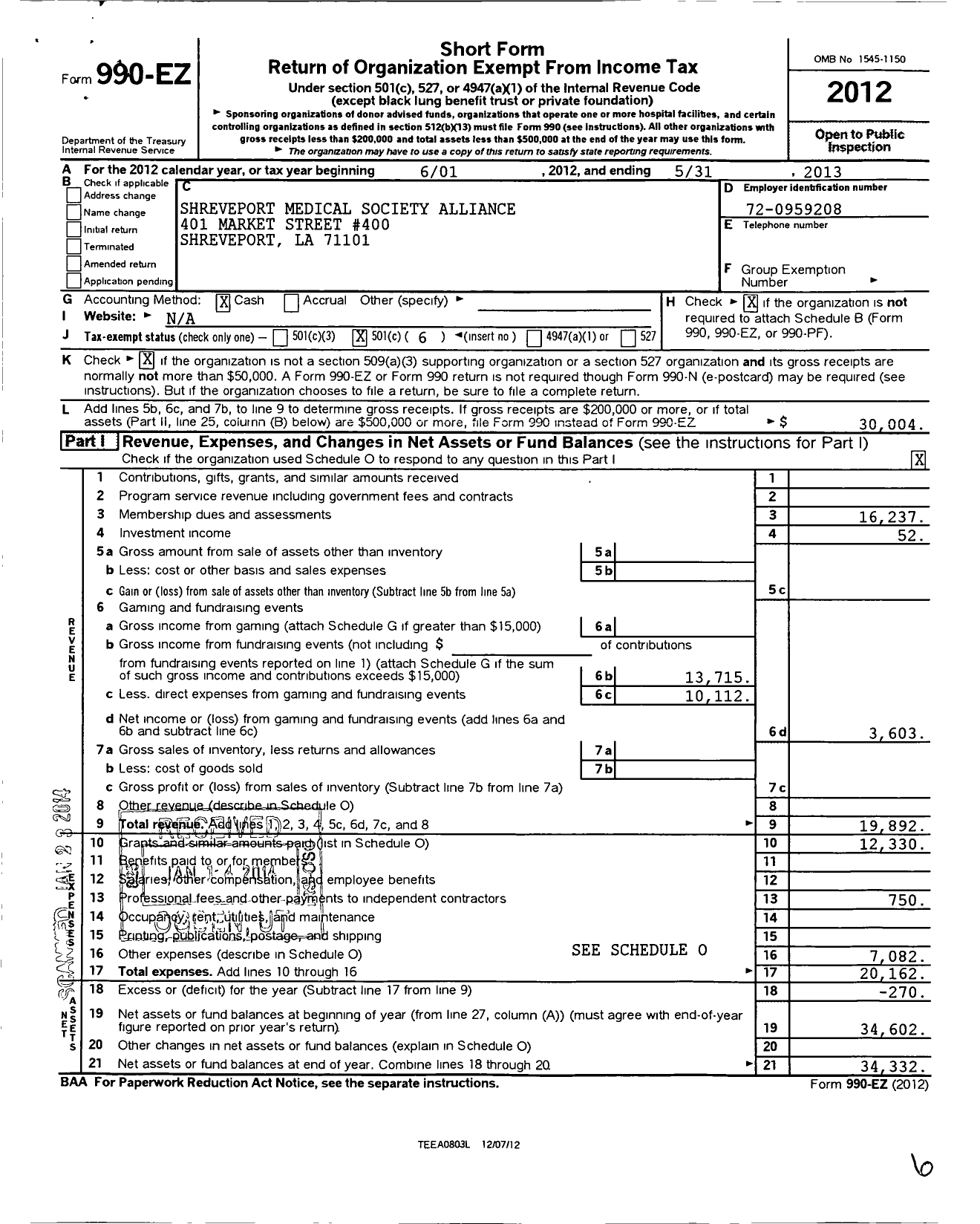 Image of first page of 2012 Form 990EO for Shreveport Medical Society Auxiliary