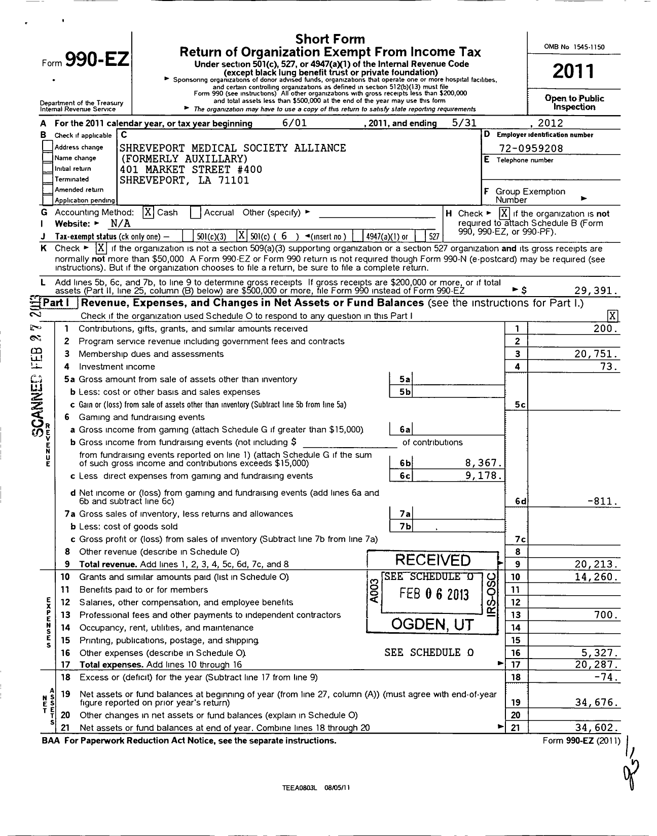 Image of first page of 2011 Form 990EO for Shreveport Medical Society Auxiliary