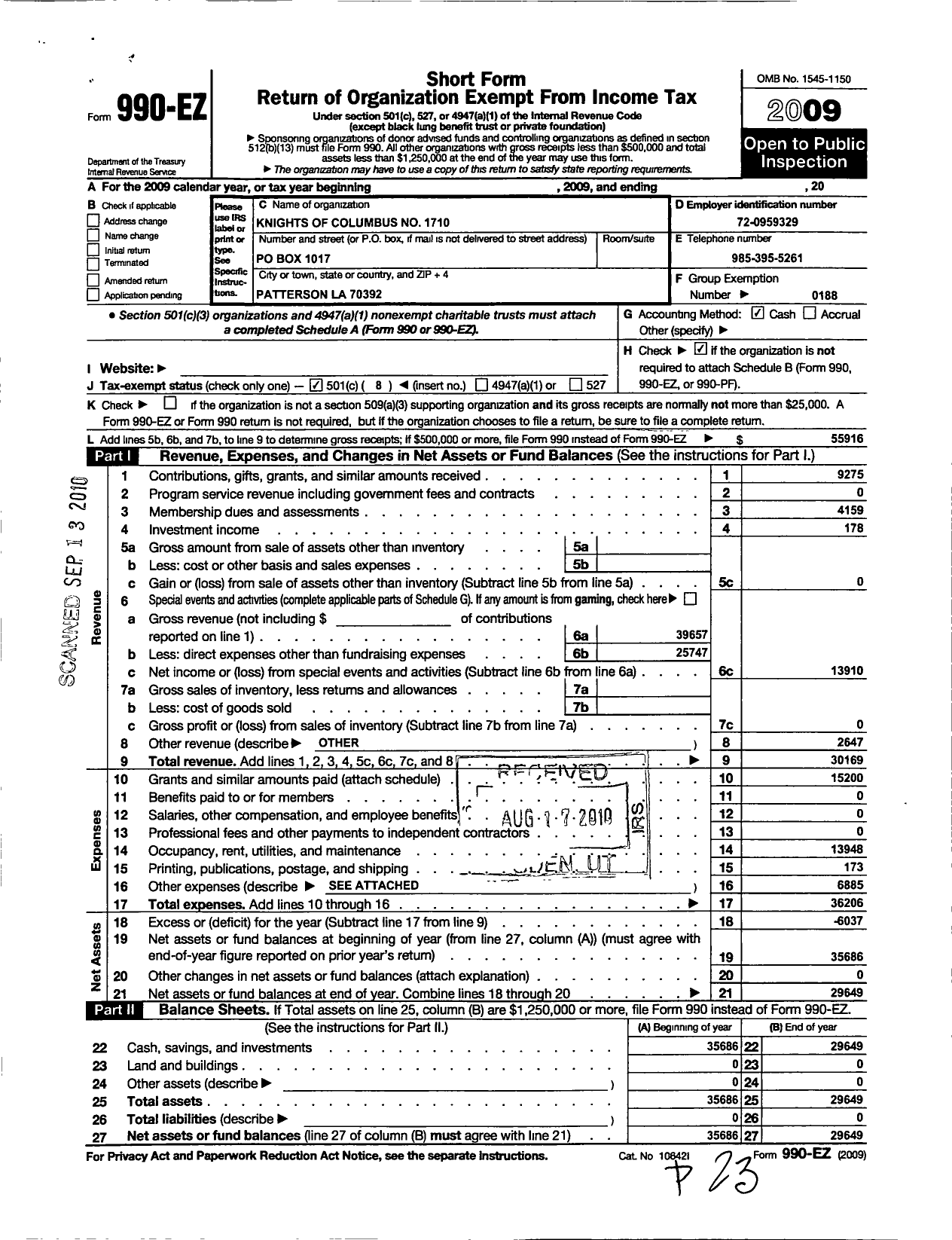 Image of first page of 2009 Form 990EO for Knights of Columbus - 1710 Patterson Council