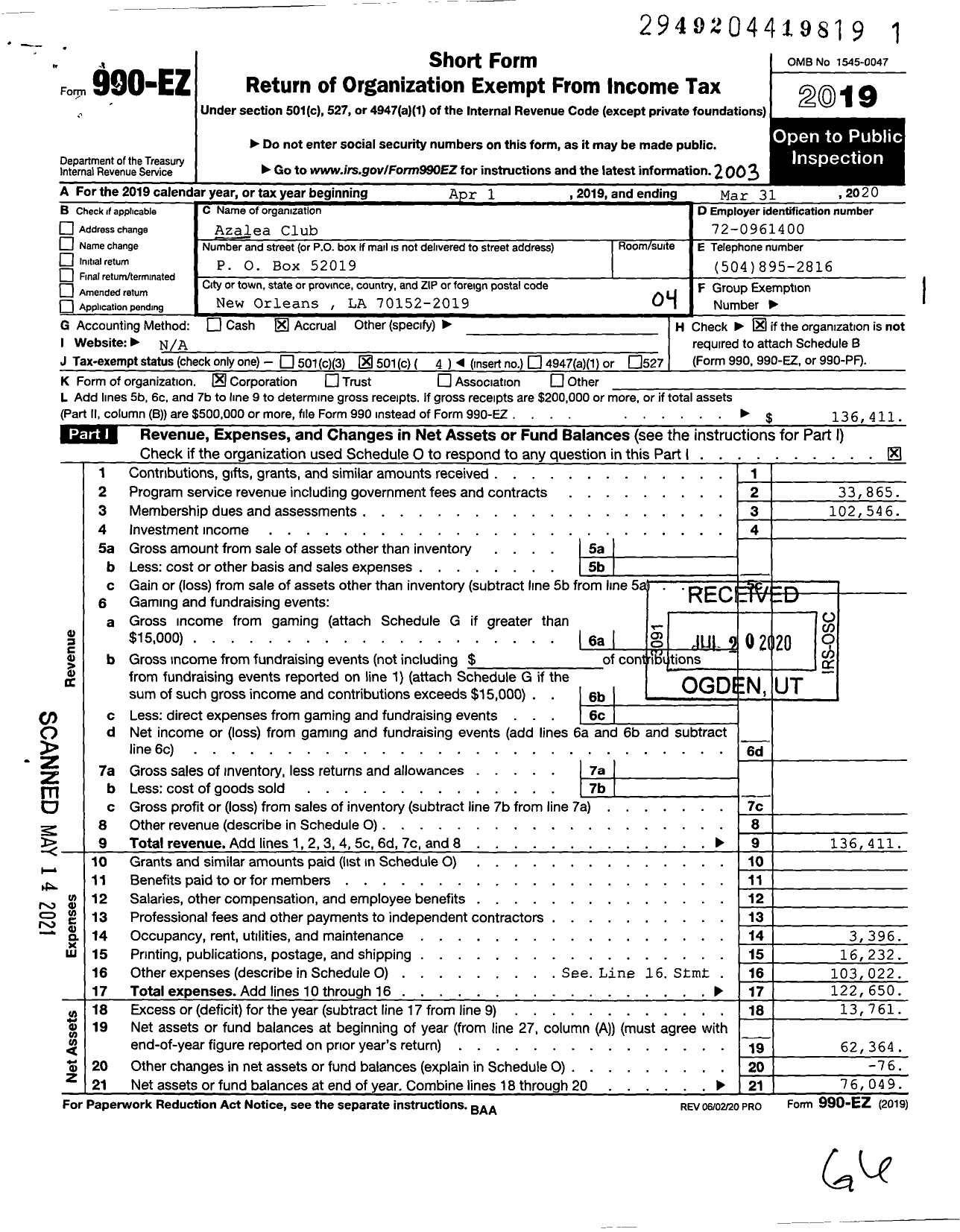 Image of first page of 2019 Form 990EO for Azalea Club