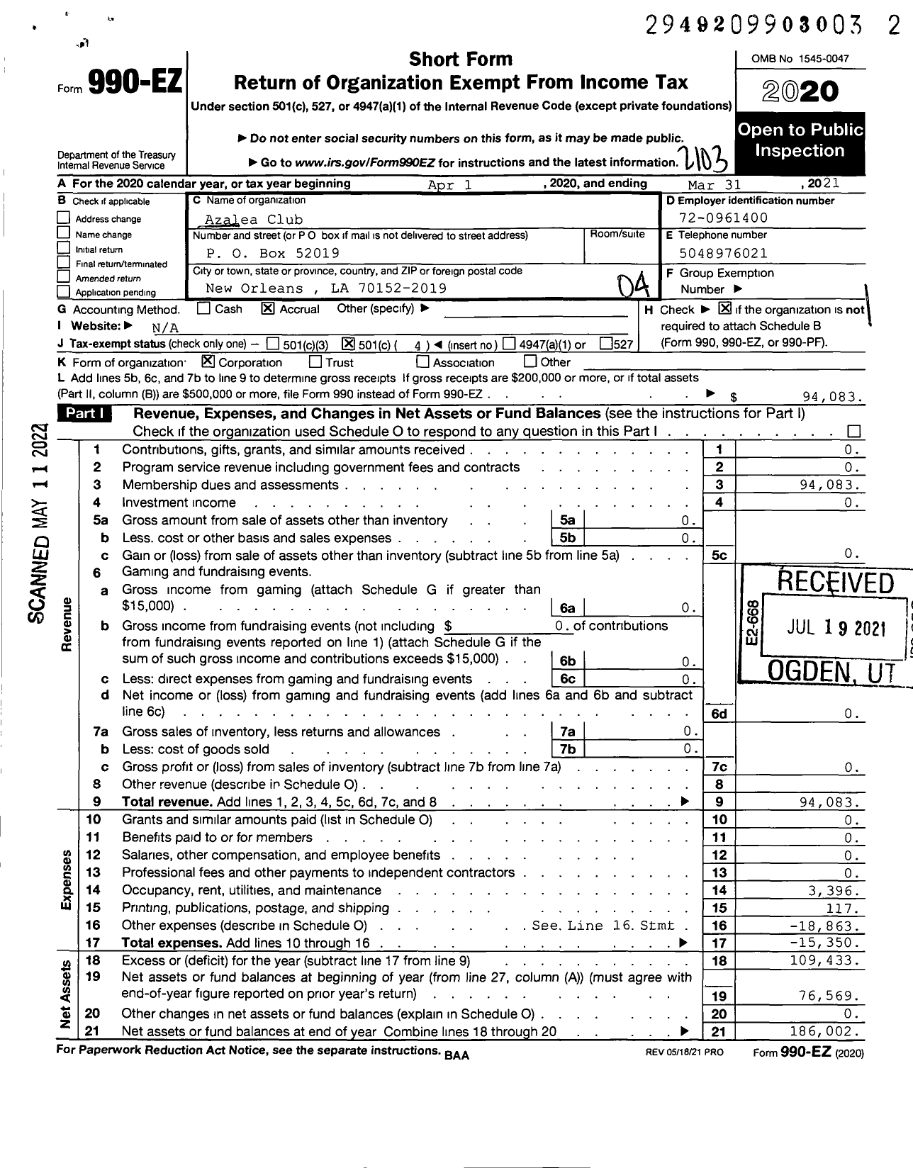 Image of first page of 2020 Form 990EO for Azalea Club