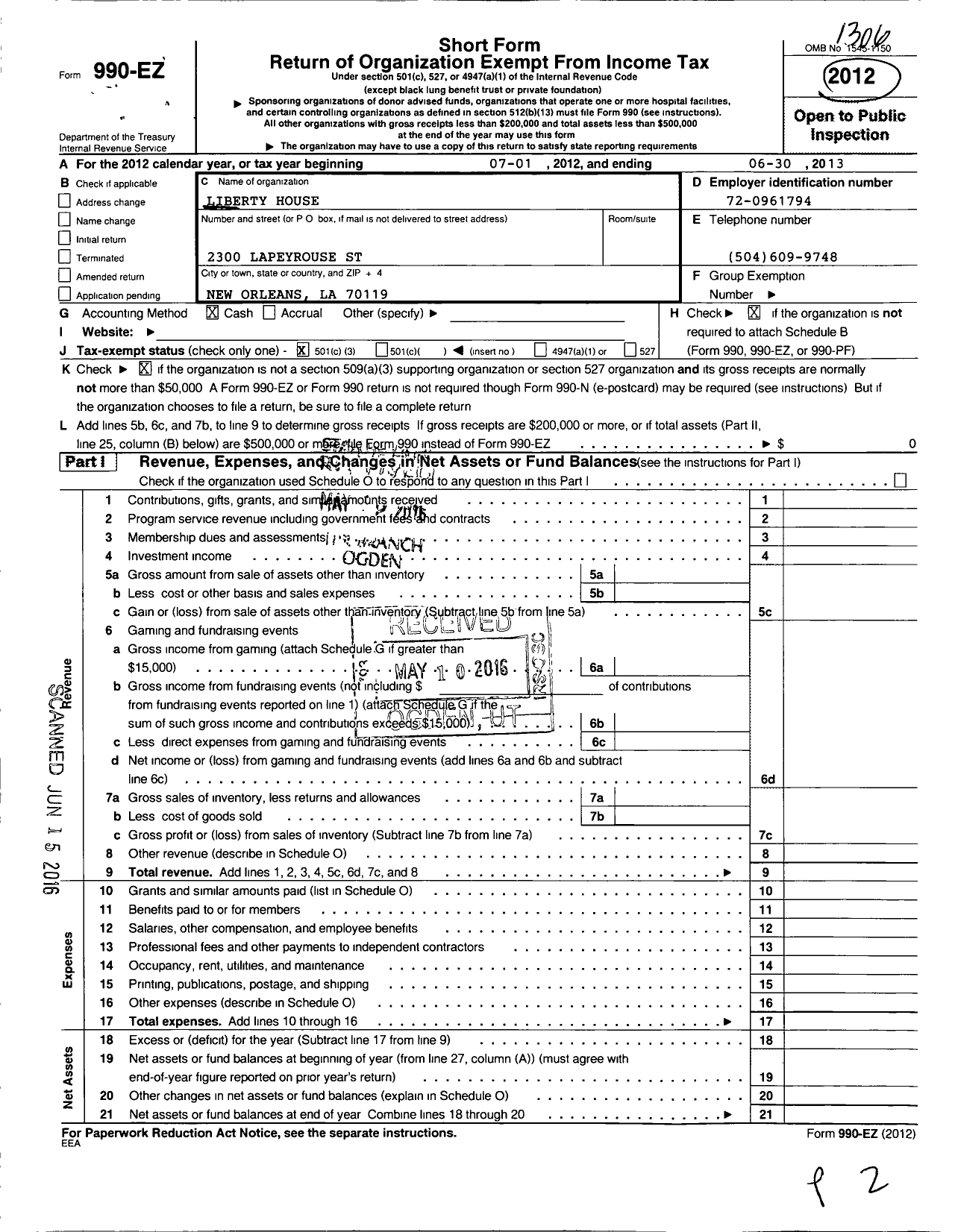 Image of first page of 2012 Form 990EZ for Liberty House / Emma B Broman Liberty House