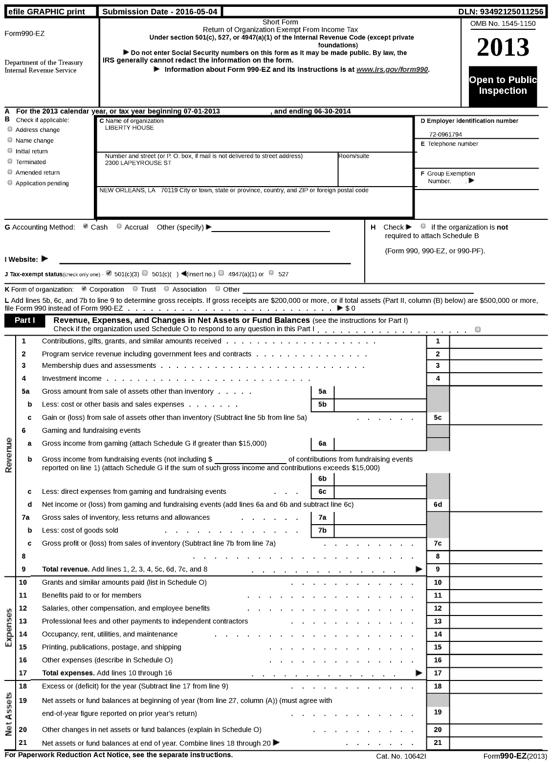 Image of first page of 2013 Form 990EZ for Liberty House / Emma B Broman Liberty House