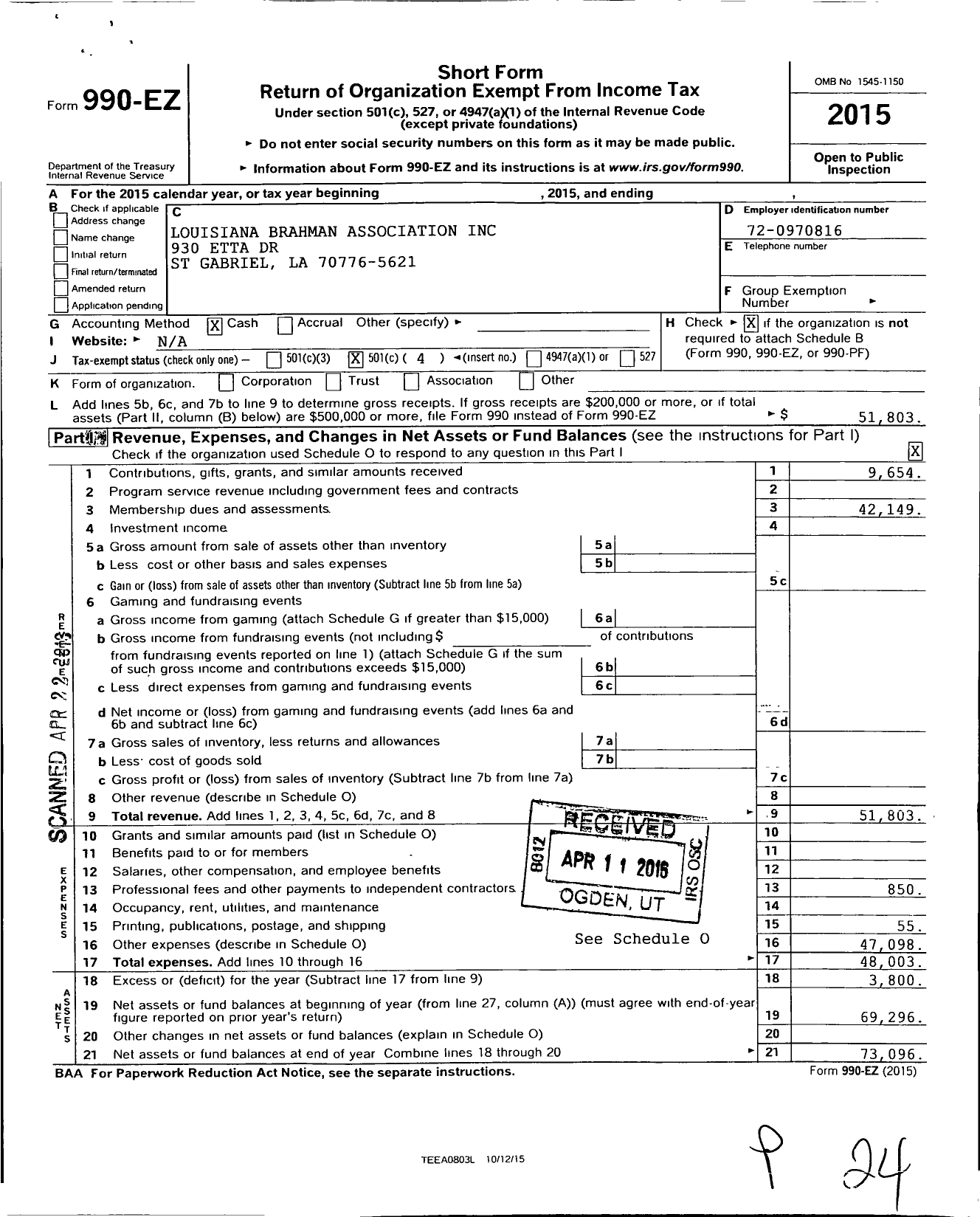 Image of first page of 2015 Form 990EO for Louisiana Brahman Association