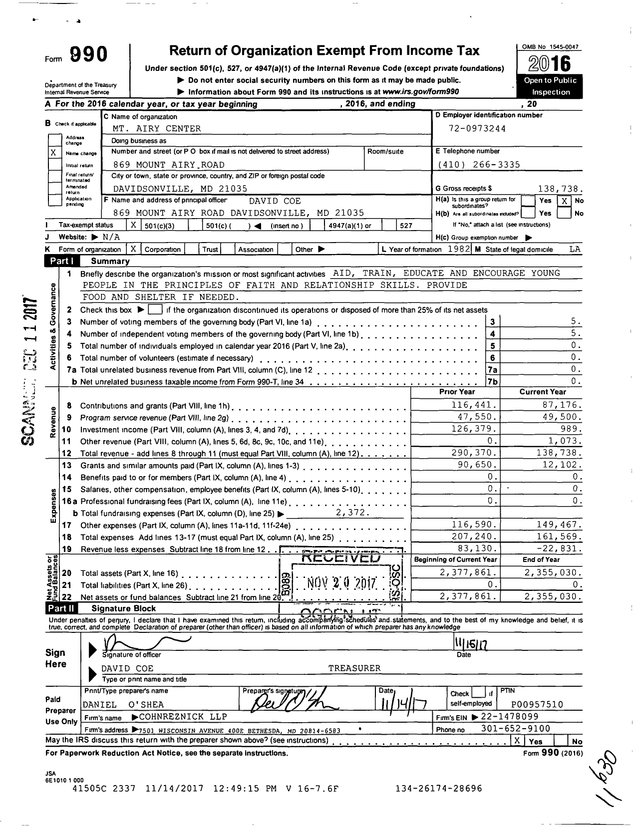 Image of first page of 2016 Form 990 for Wilberforce Foundation