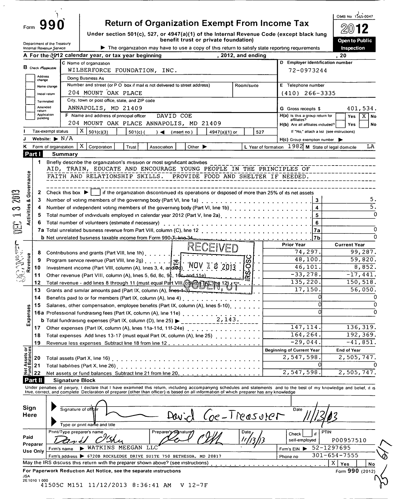 Image of first page of 2012 Form 990 for Wilberforce Foundation