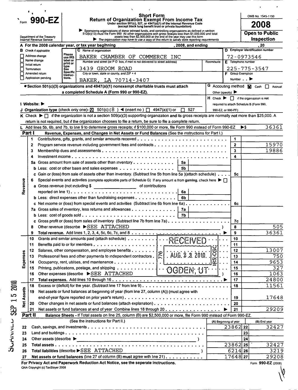 Image of first page of 2008 Form 990EO for Baker Chamber of Commerce