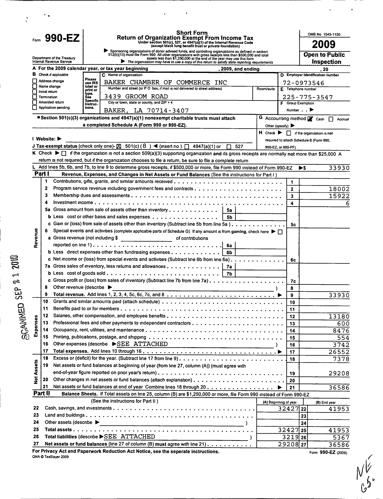 Image of first page of 2009 Form 990EO for Baker Chamber of Commerce