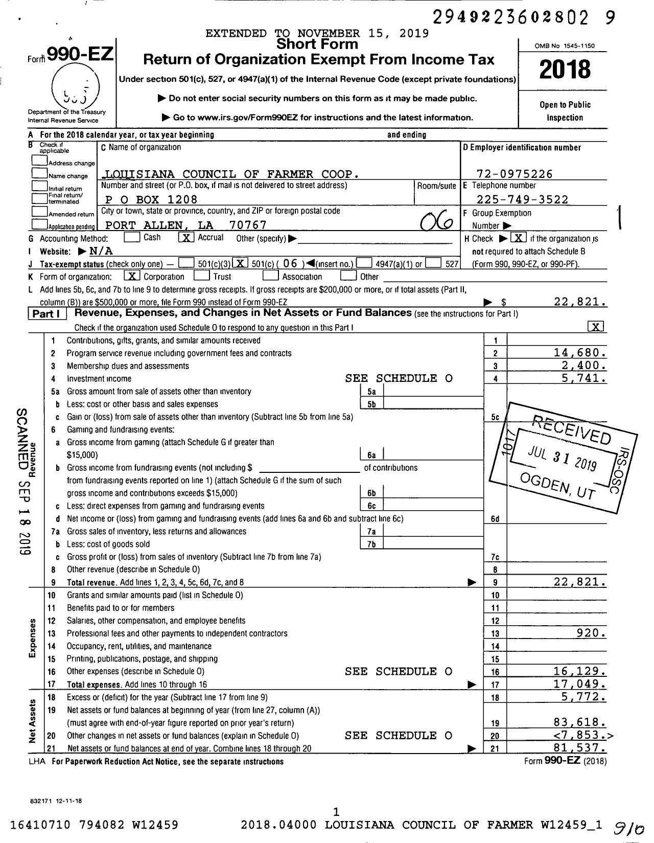 Image of first page of 2018 Form 990EO for Louisiana Council of Farmer Coop