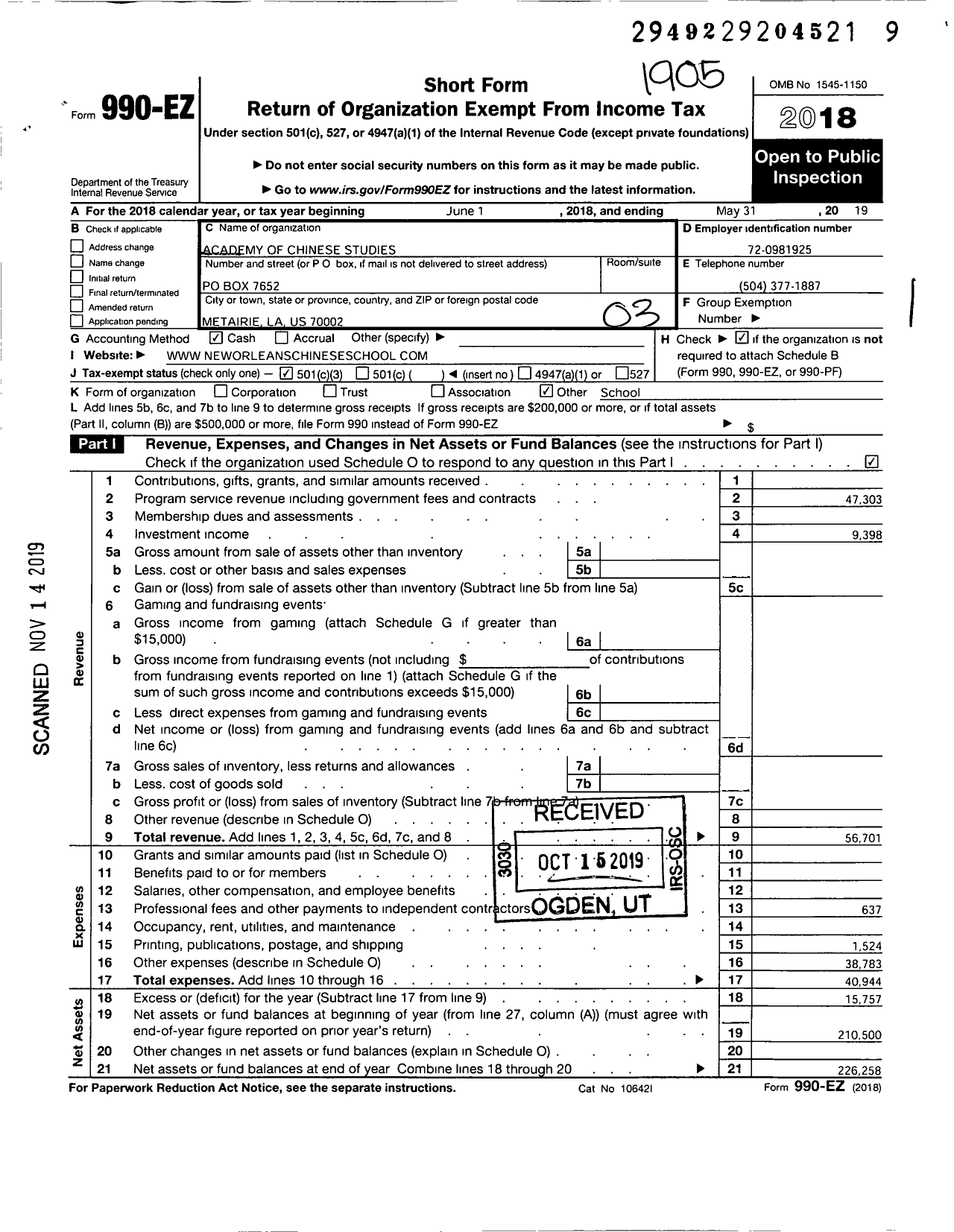 Image of first page of 2018 Form 990EZ for Academy of Chinese Studies