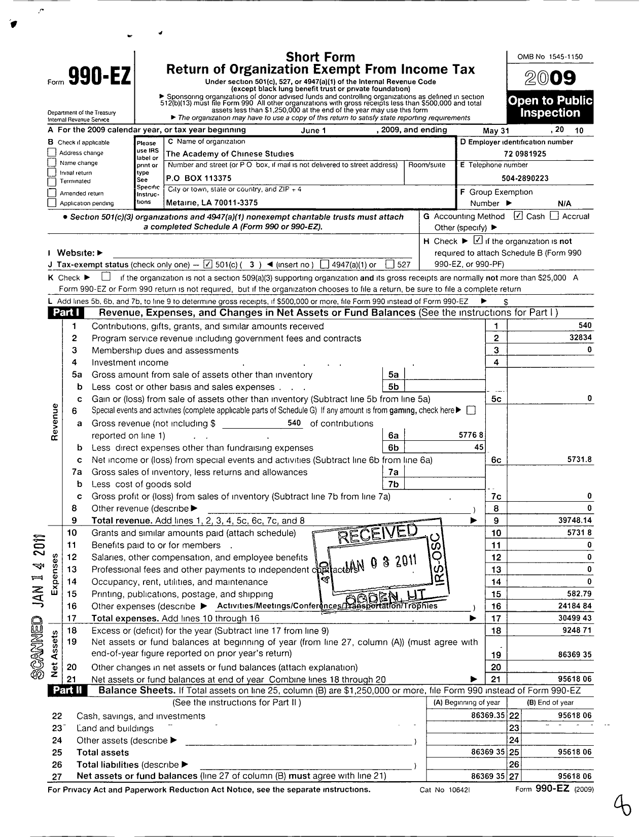 Image of first page of 2009 Form 990EZ for Academy of Chinese Studies