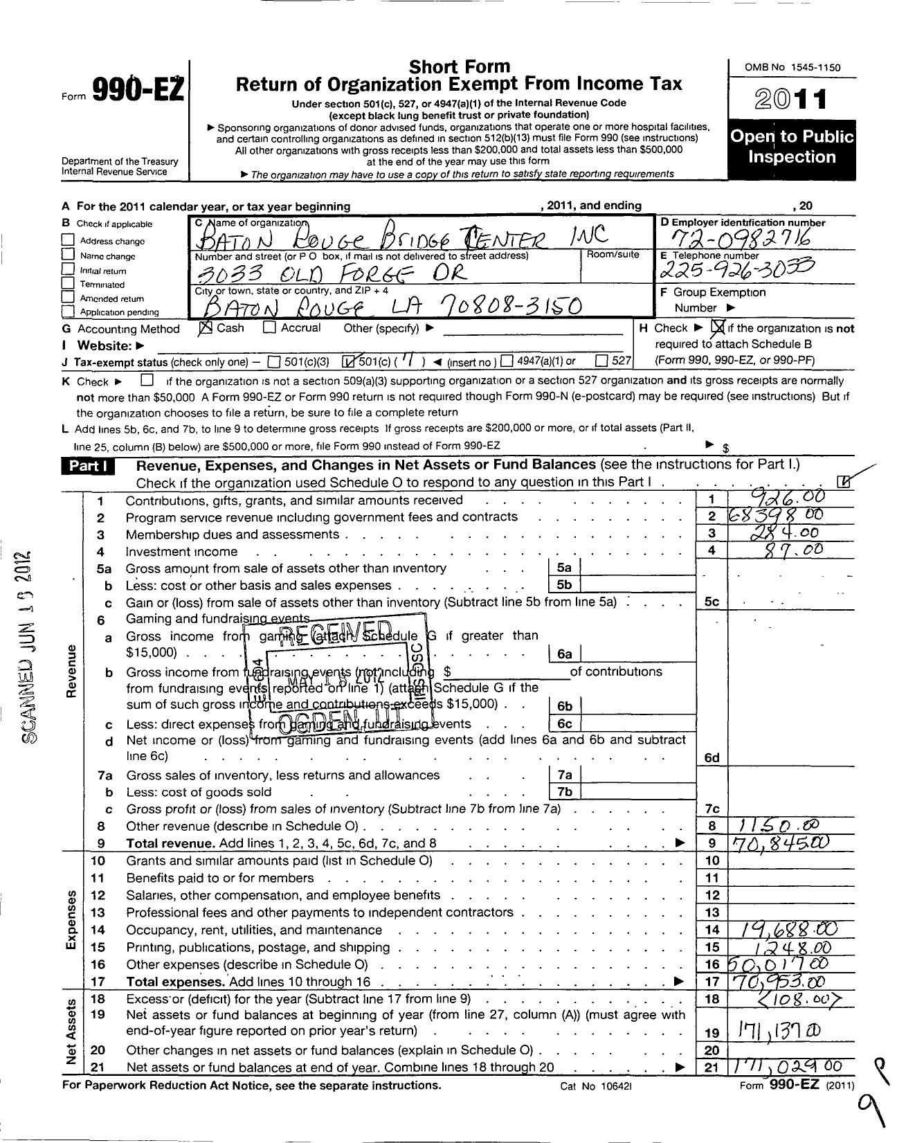 Image of first page of 2011 Form 990EO for The Baton Rouge Bridge Center