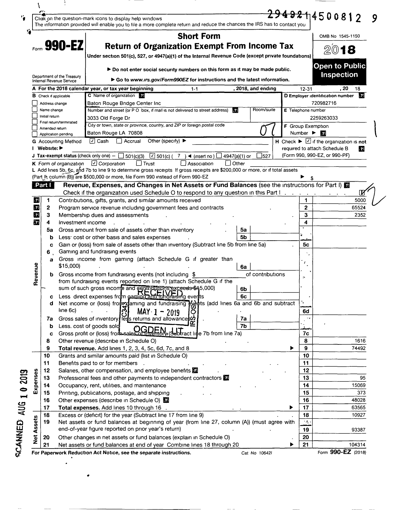 Image of first page of 2018 Form 990EO for The Baton Rouge Bridge Center