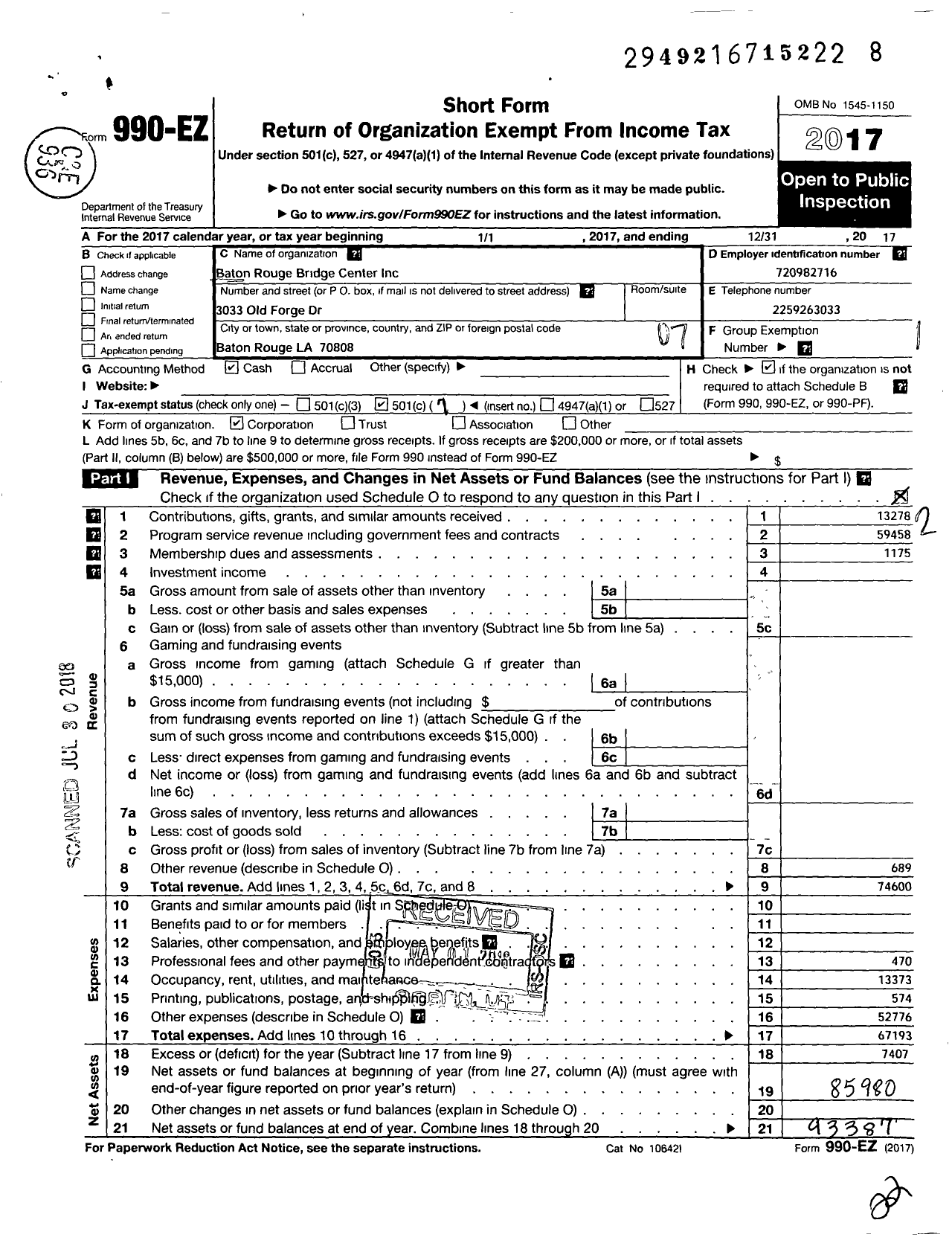 Image of first page of 2017 Form 990EO for The Baton Rouge Bridge Center